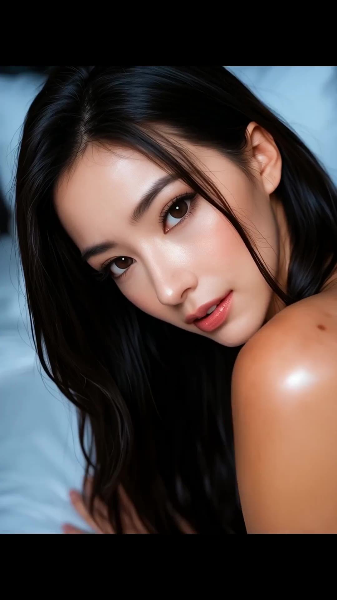 Long raven hair dark eyed beauty topless in bed