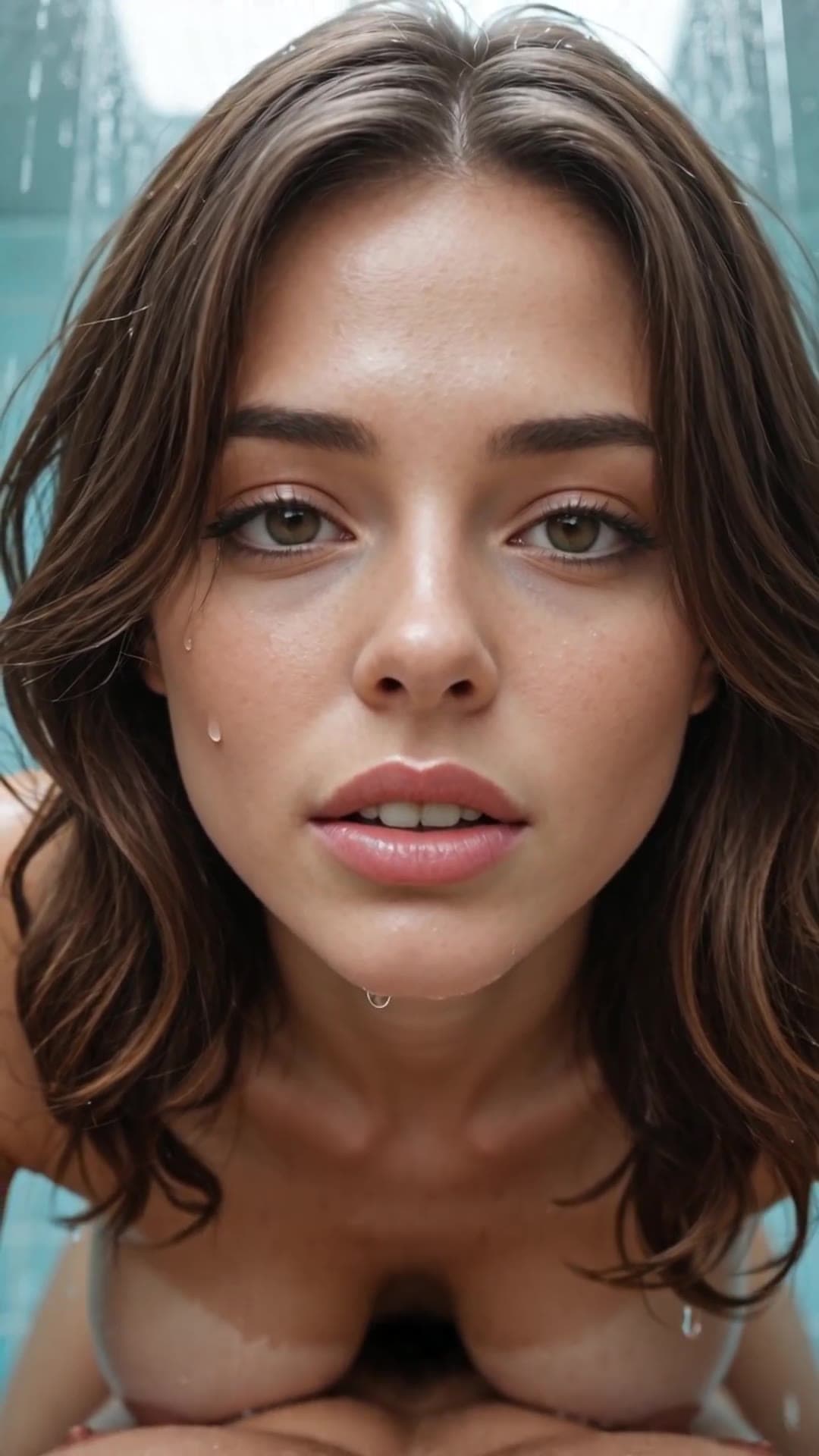 Long wavy brown hair green eyes wet titfuck shower