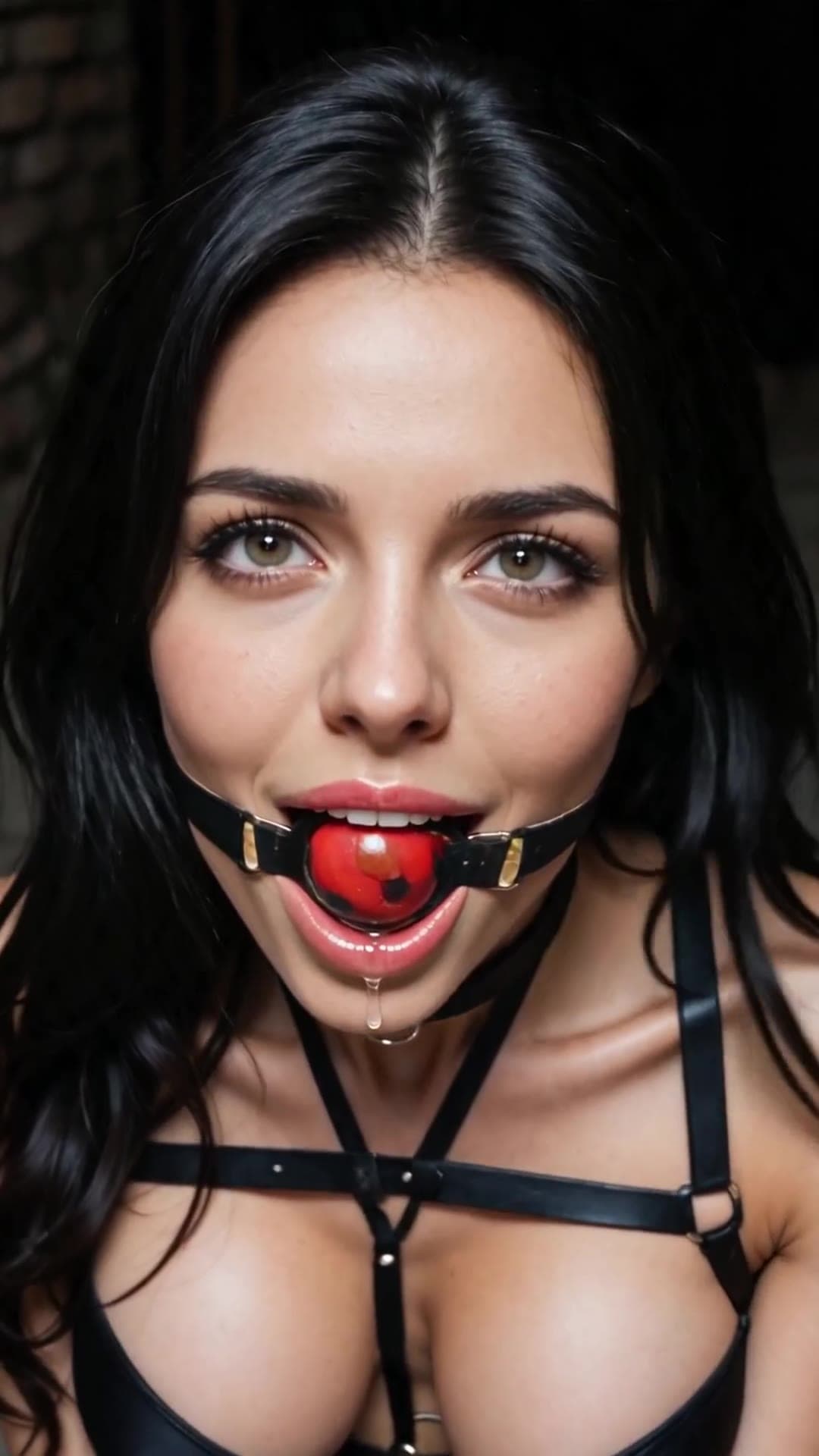 Early 20s curvy brunette ball gagged POV close-up