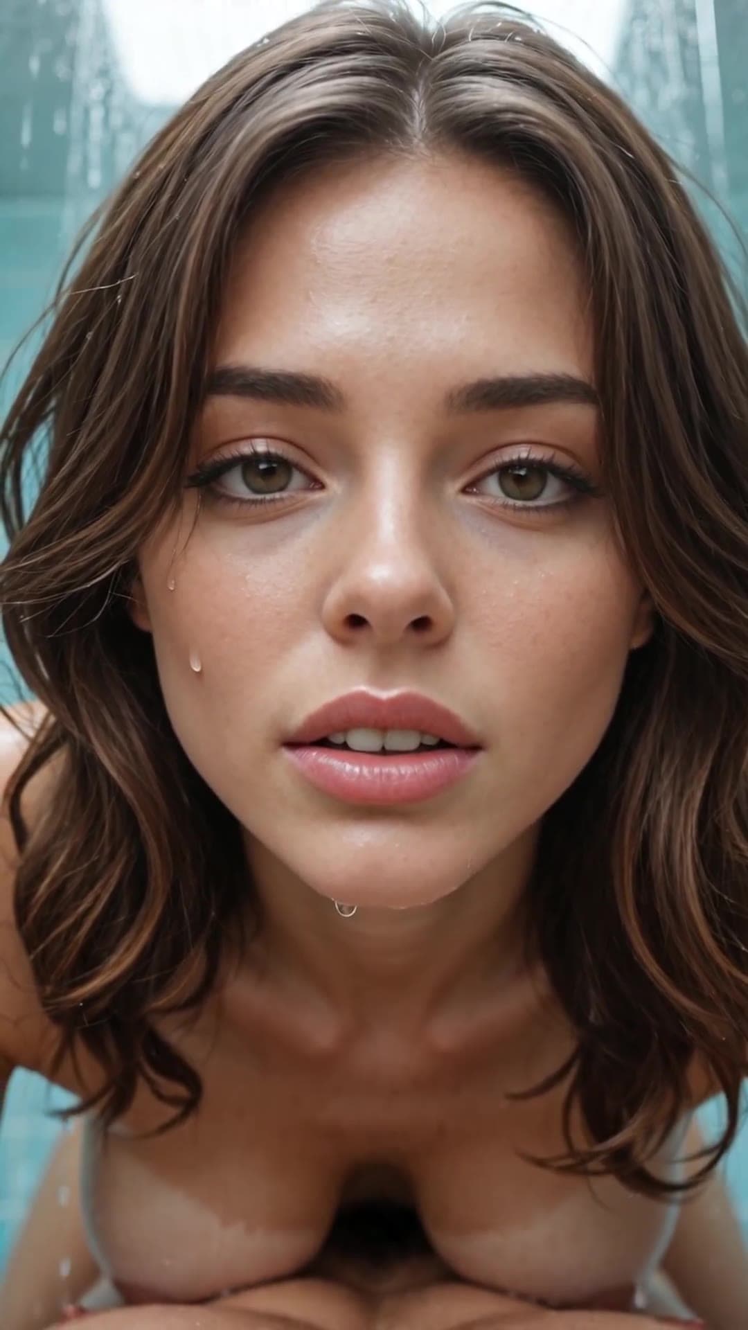 Green eyed brunette wet titfuck in shower