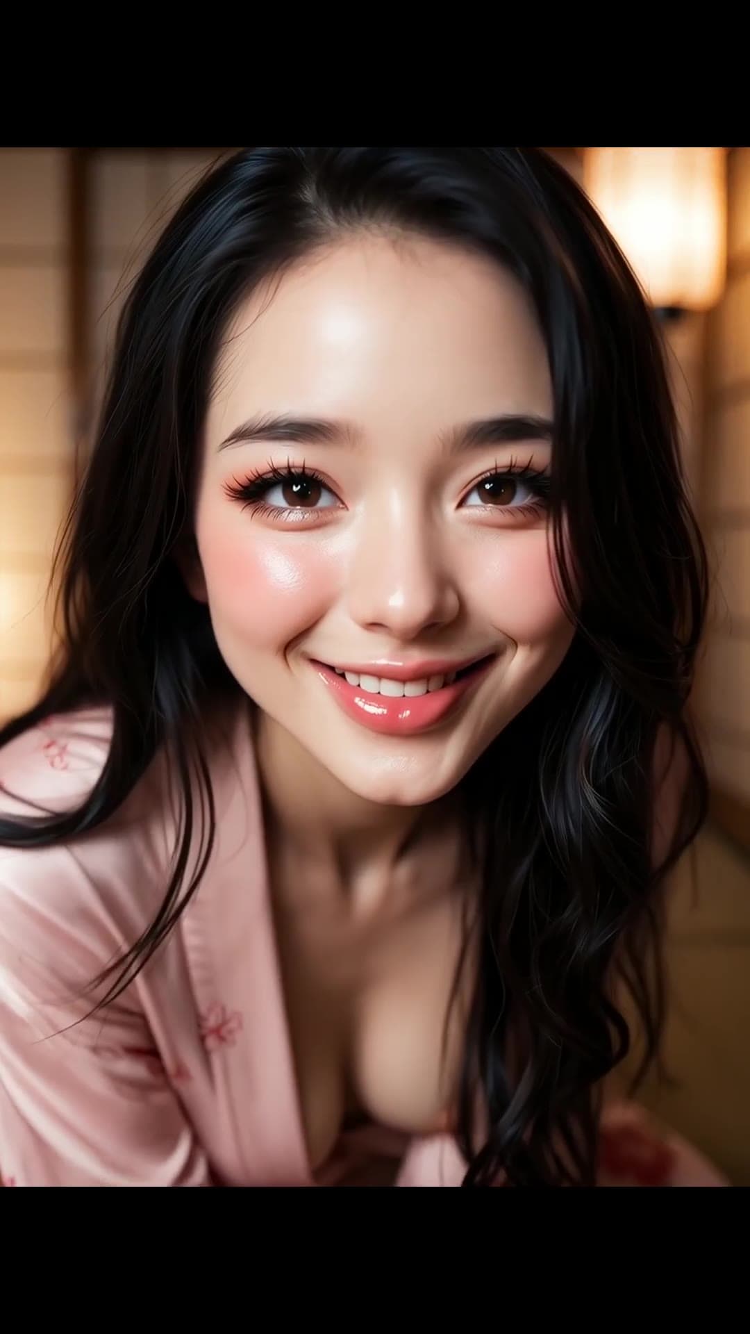 Open pink robe selfie in warm wooden bedroom