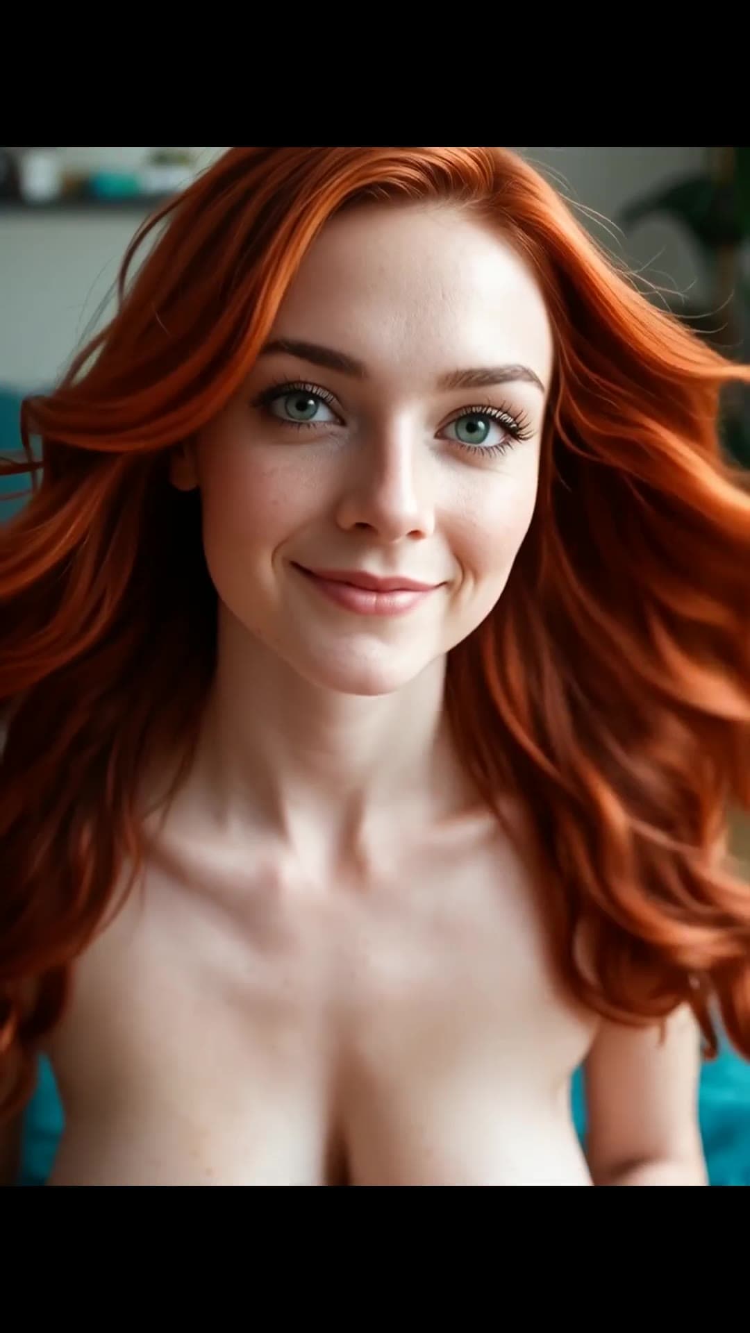 Close-up topless selfie of slim redhead with green eyes