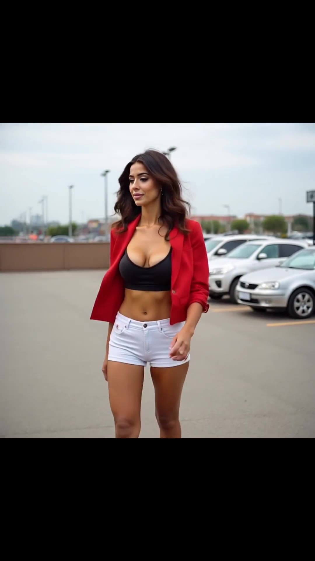 Slim Asian in open red blazer parking lot pose