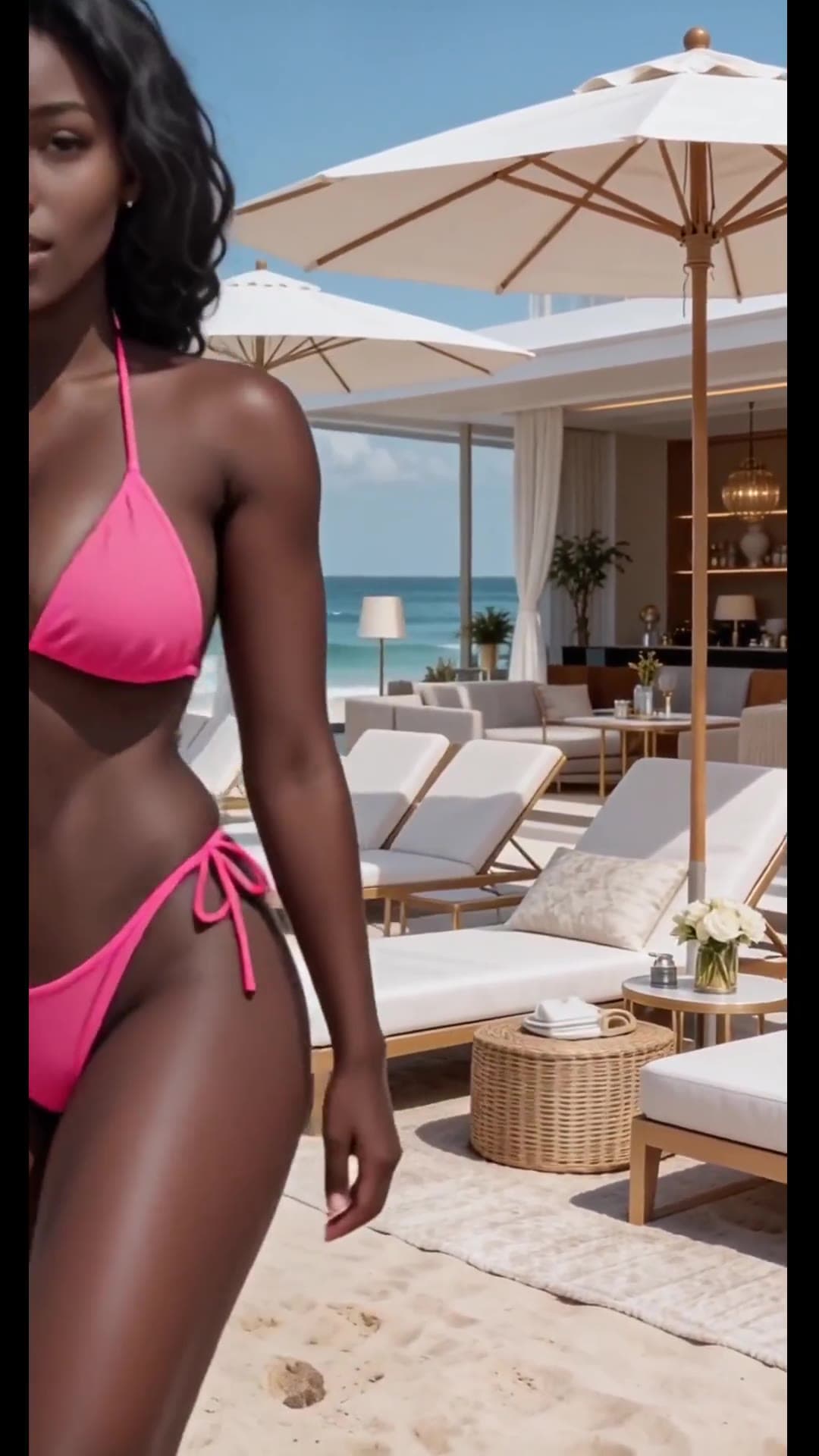 Early 20s curvy Latina in pink bikini on sunny beach