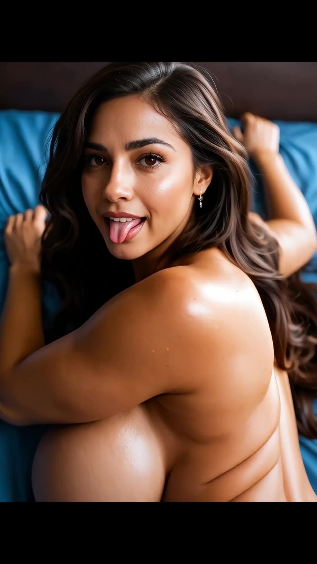 Nude tanned babe on blue sheets bedroom