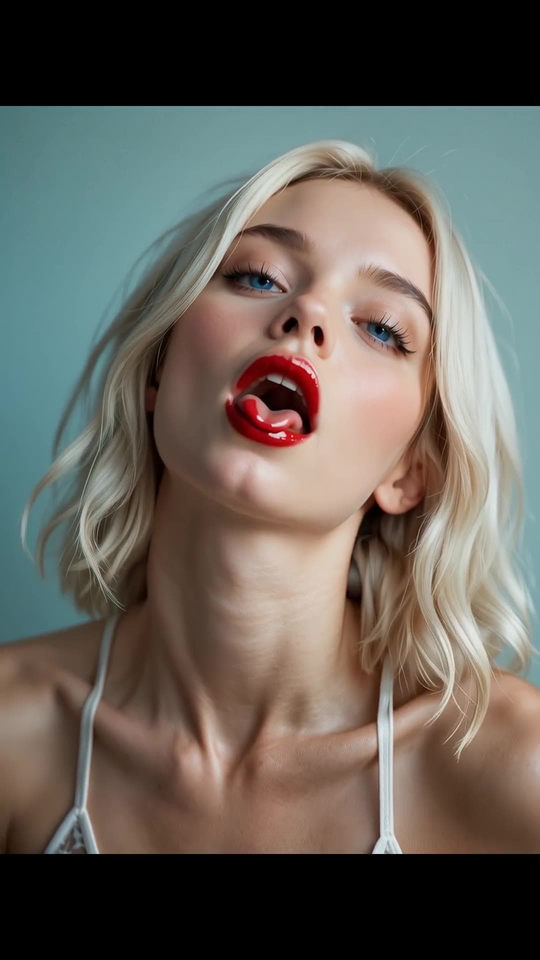 Blonde POV deepthroat with glossy red lips