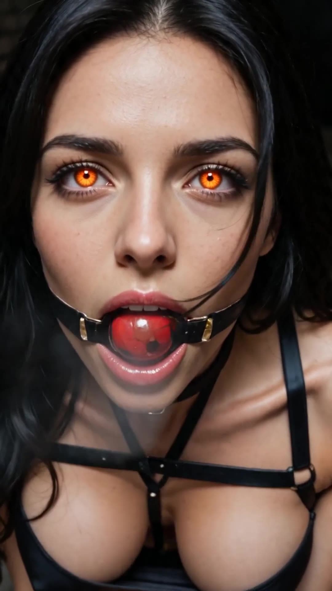 Raven hair orange eyed Asian in leather harness gag