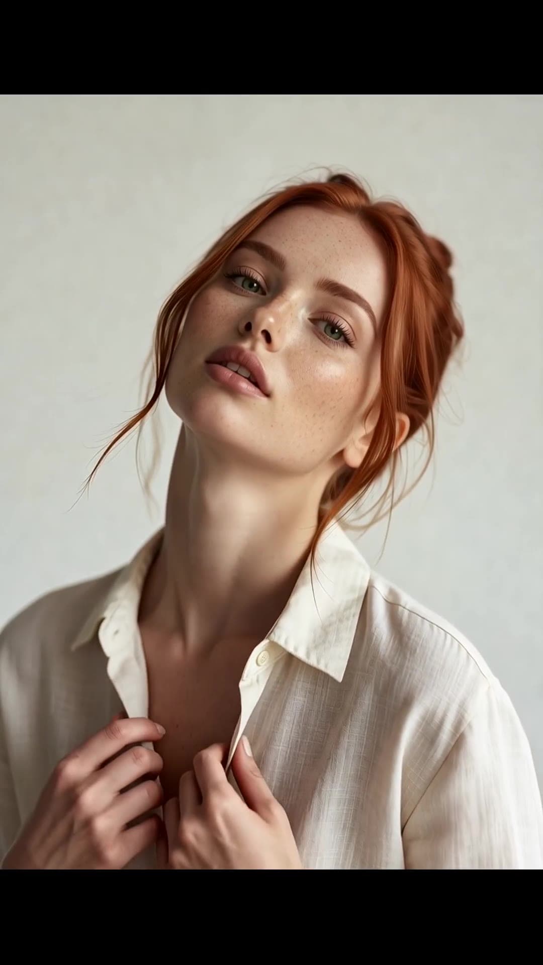 Low angle close-up redhead cleavage in open shirt