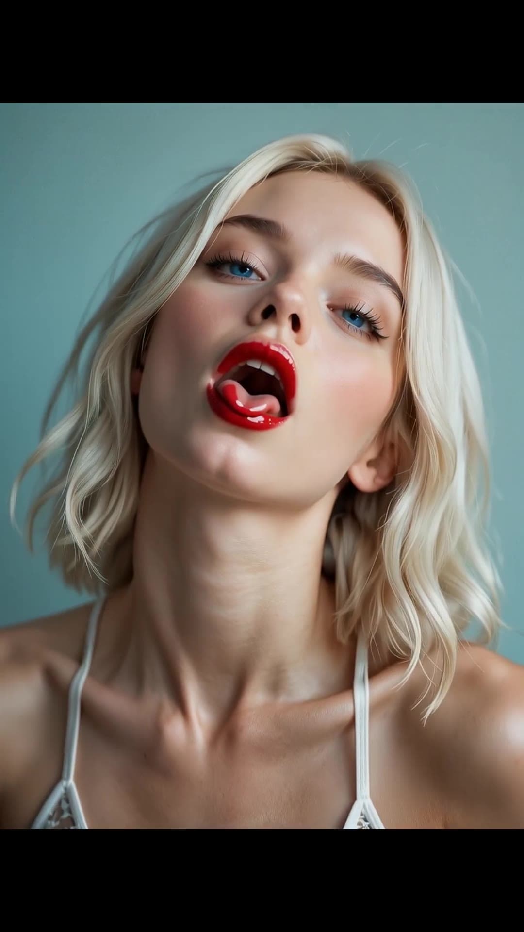 Close-up white lingerie face and neck, tongue out