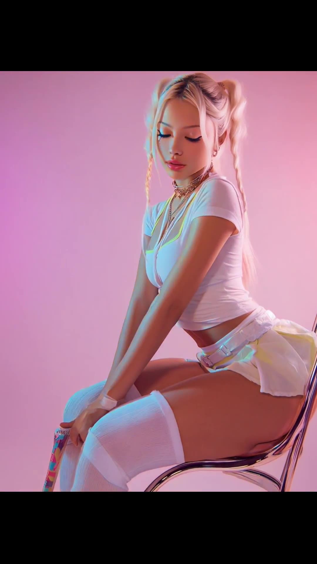 Slim waist pigtails girl seated studio pose