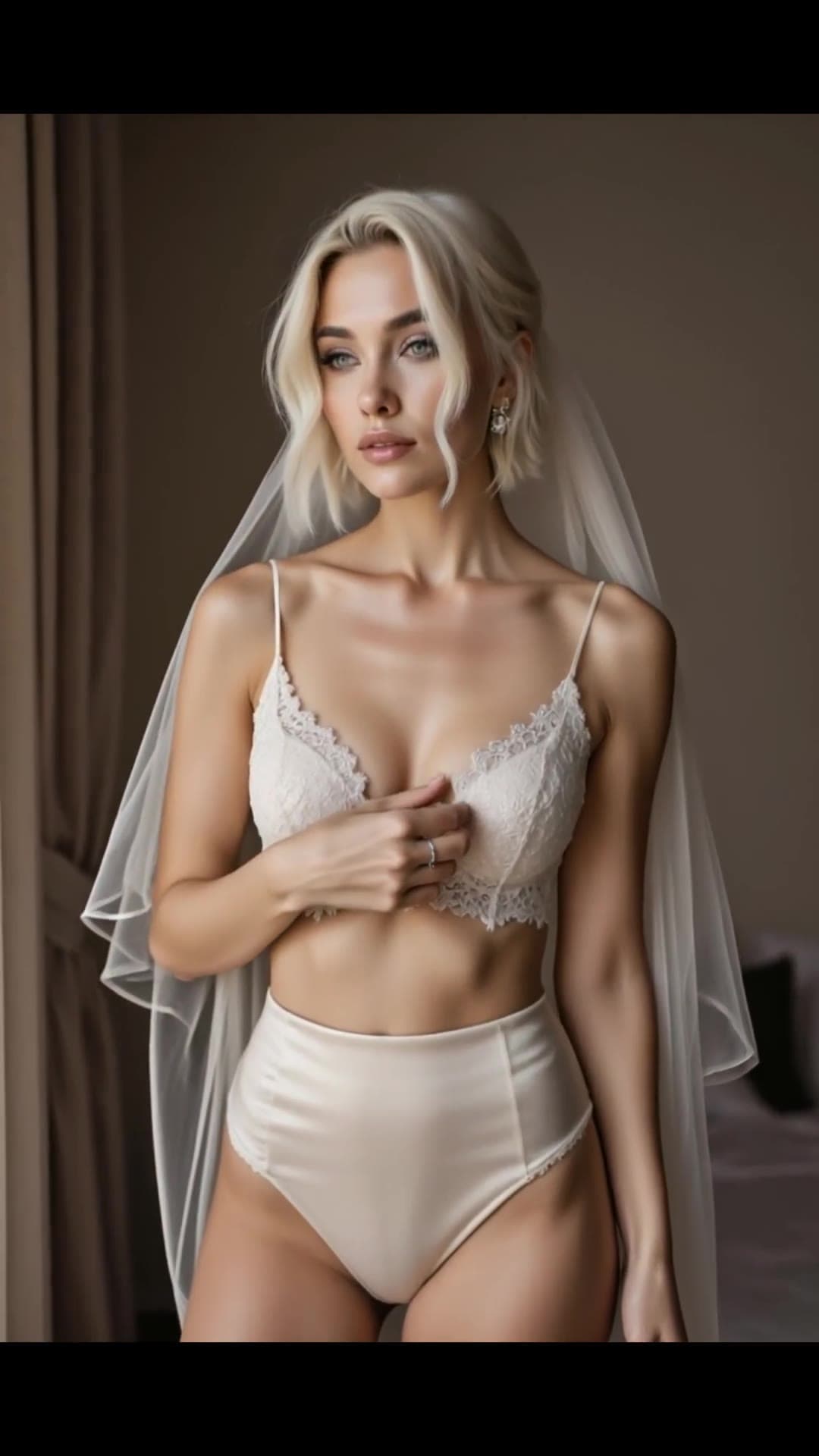 Medium low angle platinum blonde in sheer veil lingerie