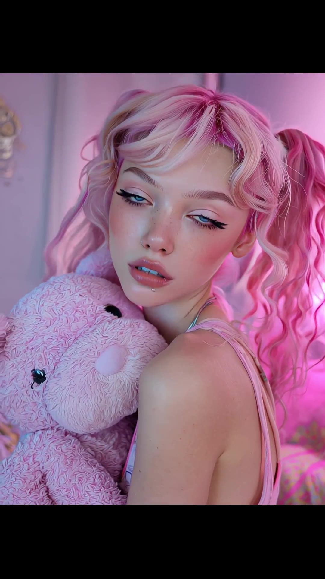Pink bedroom neon glow, tank top slipping off