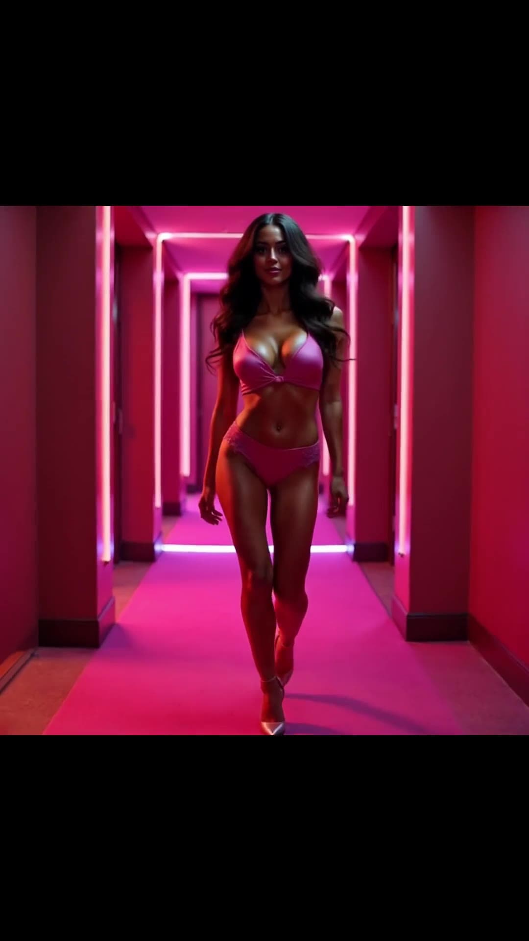 Curvy redhead in pink lingerie neon hallway