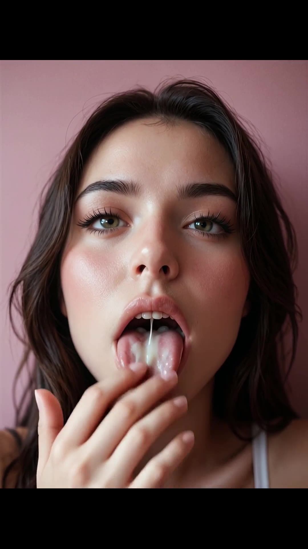 Curvy Asian body with cum on tongue close up
