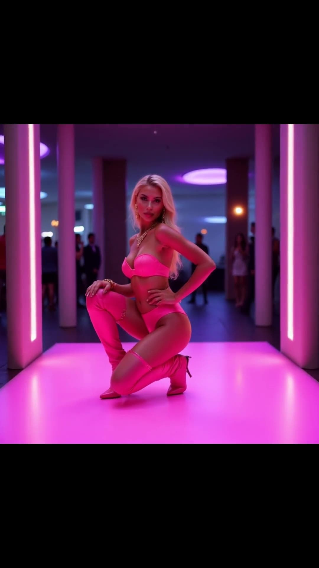 Blonde in pink bandeau and boots squatting in neon club