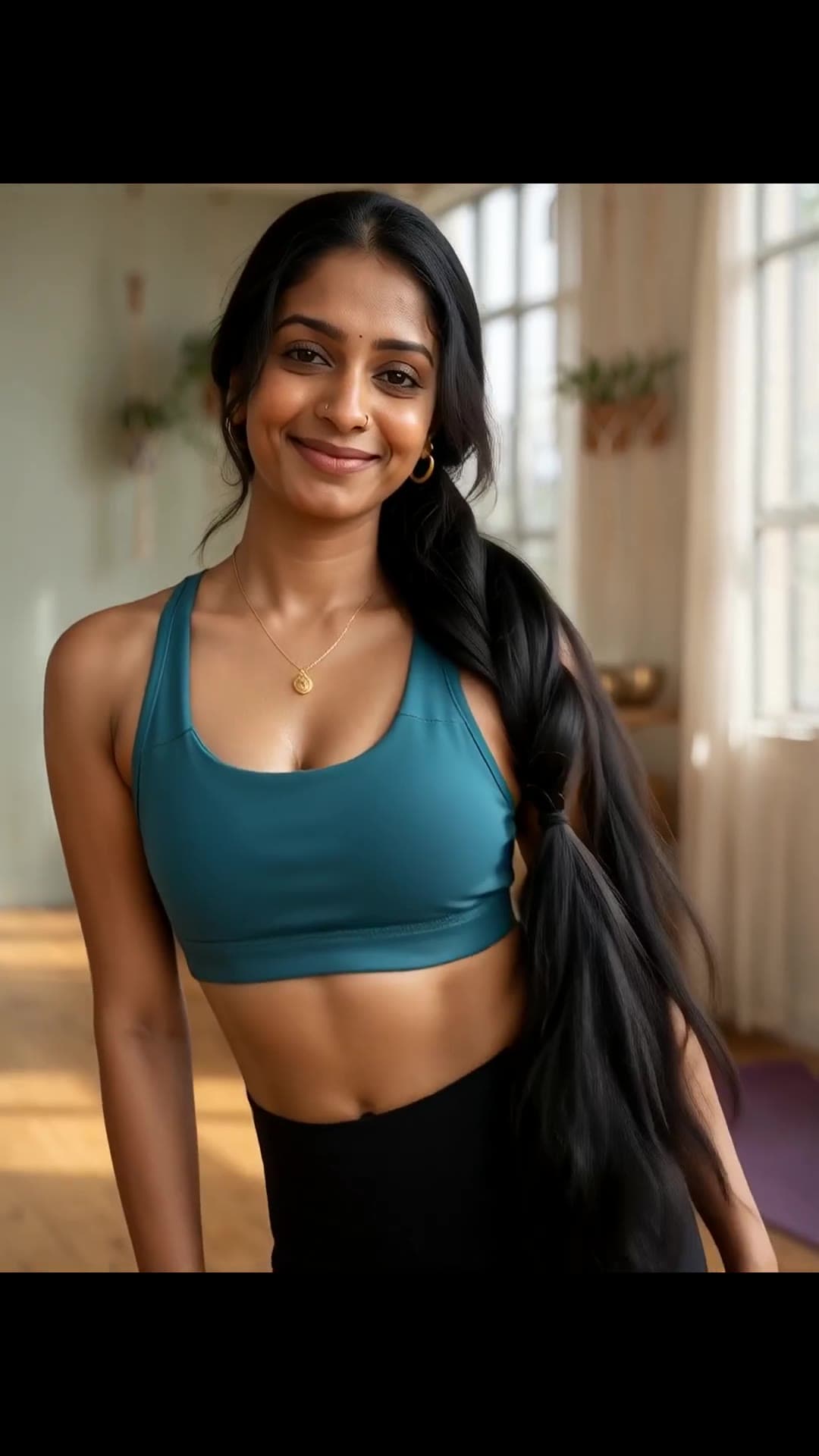 Teal sports bra athletic babe in bright room