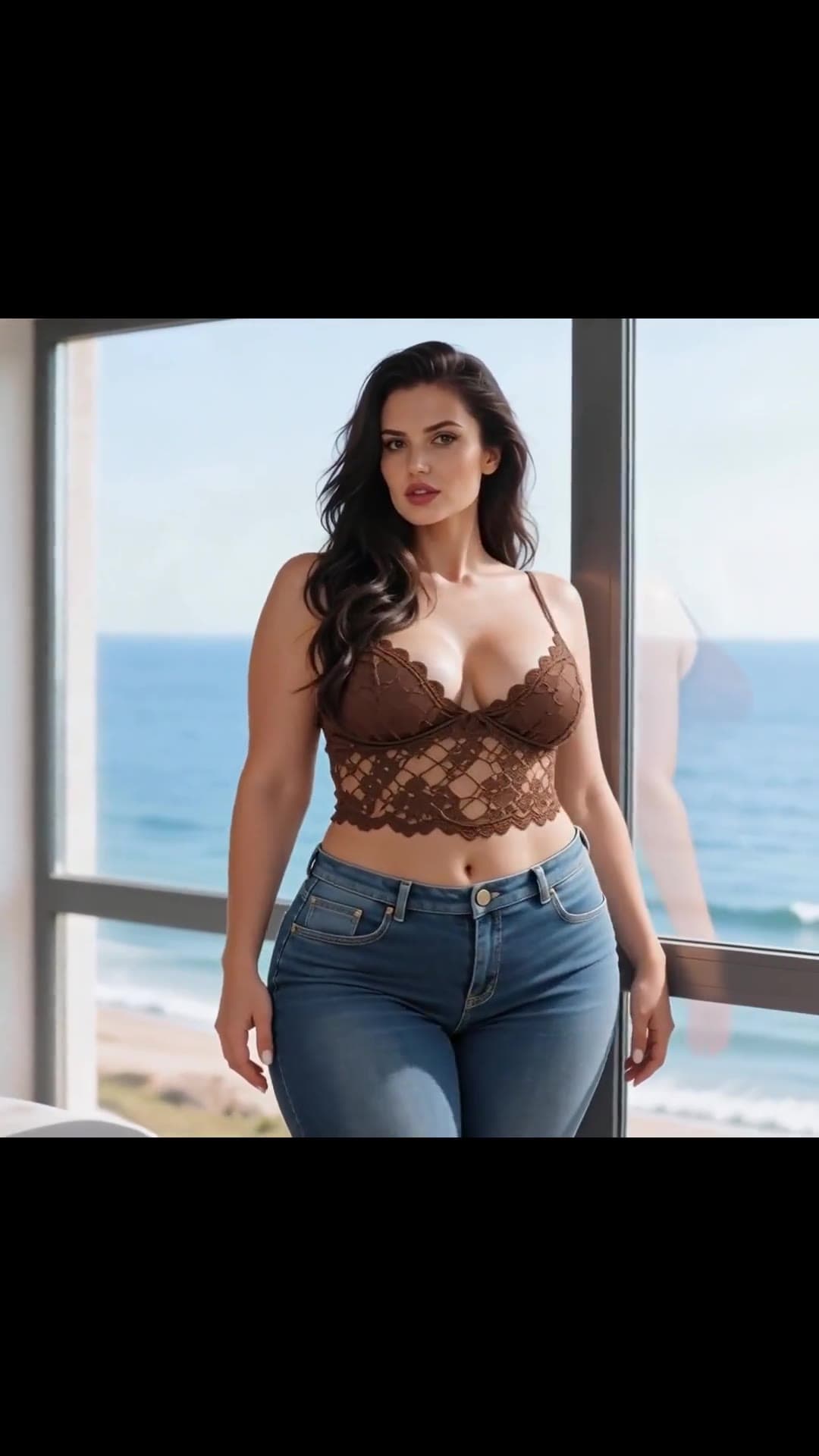 Curvy raven cleavage in lace crop top by ocean window