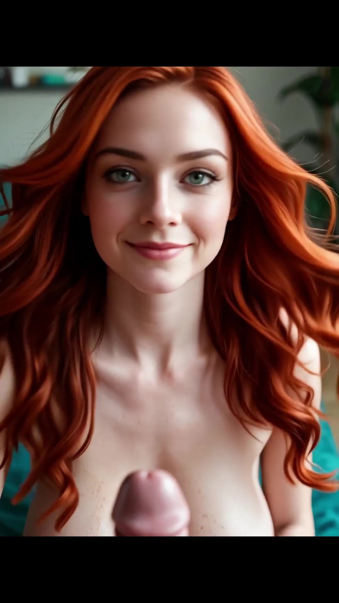 Curvy topless redhead POV with cock on chest