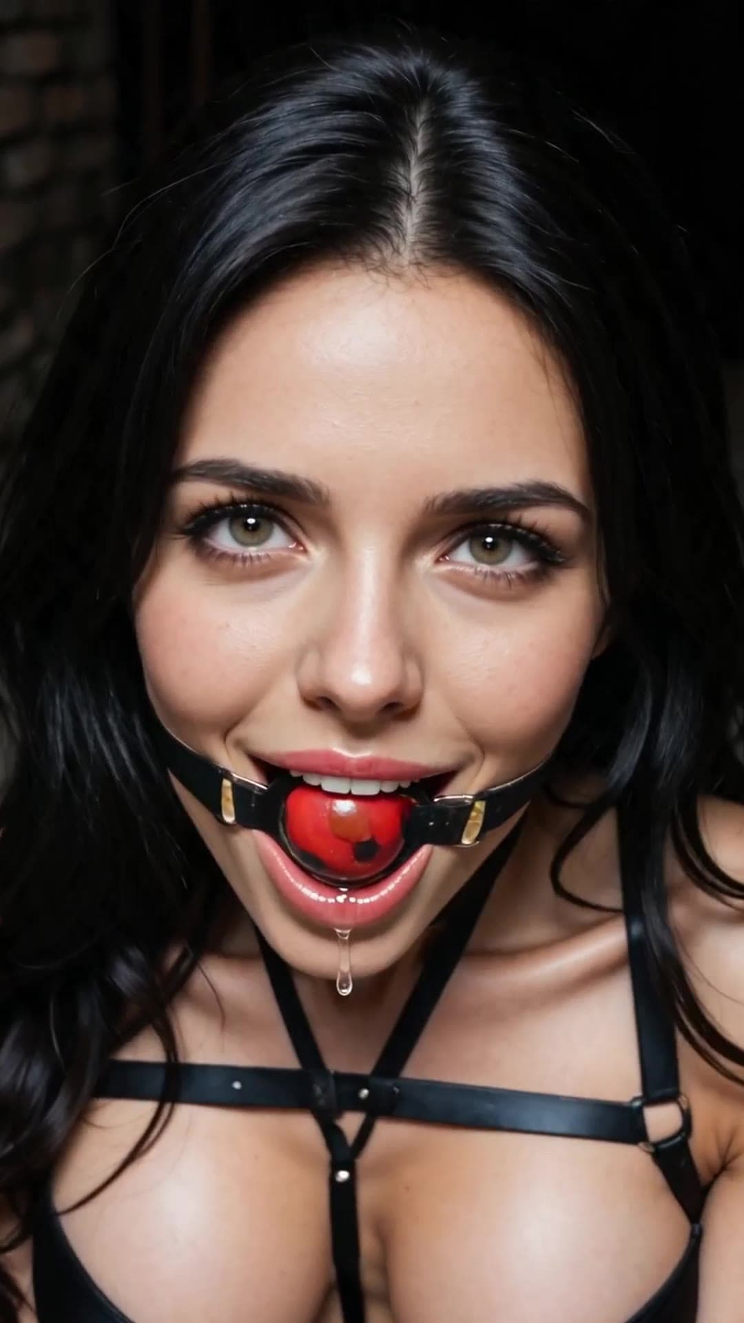 Athletic curves in black leather harness gag close up