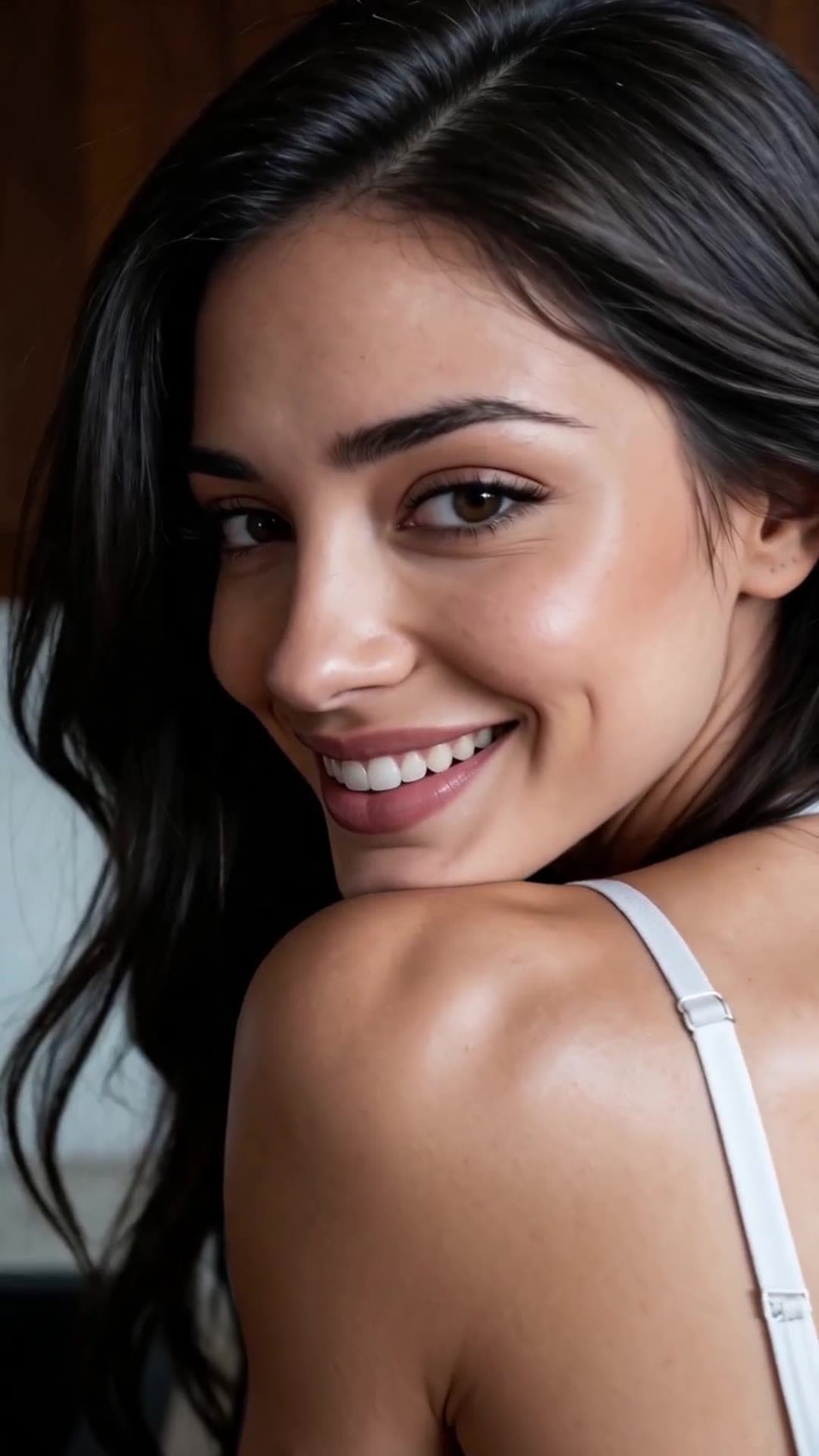 Smiling selfie over bare shoulder in white bra