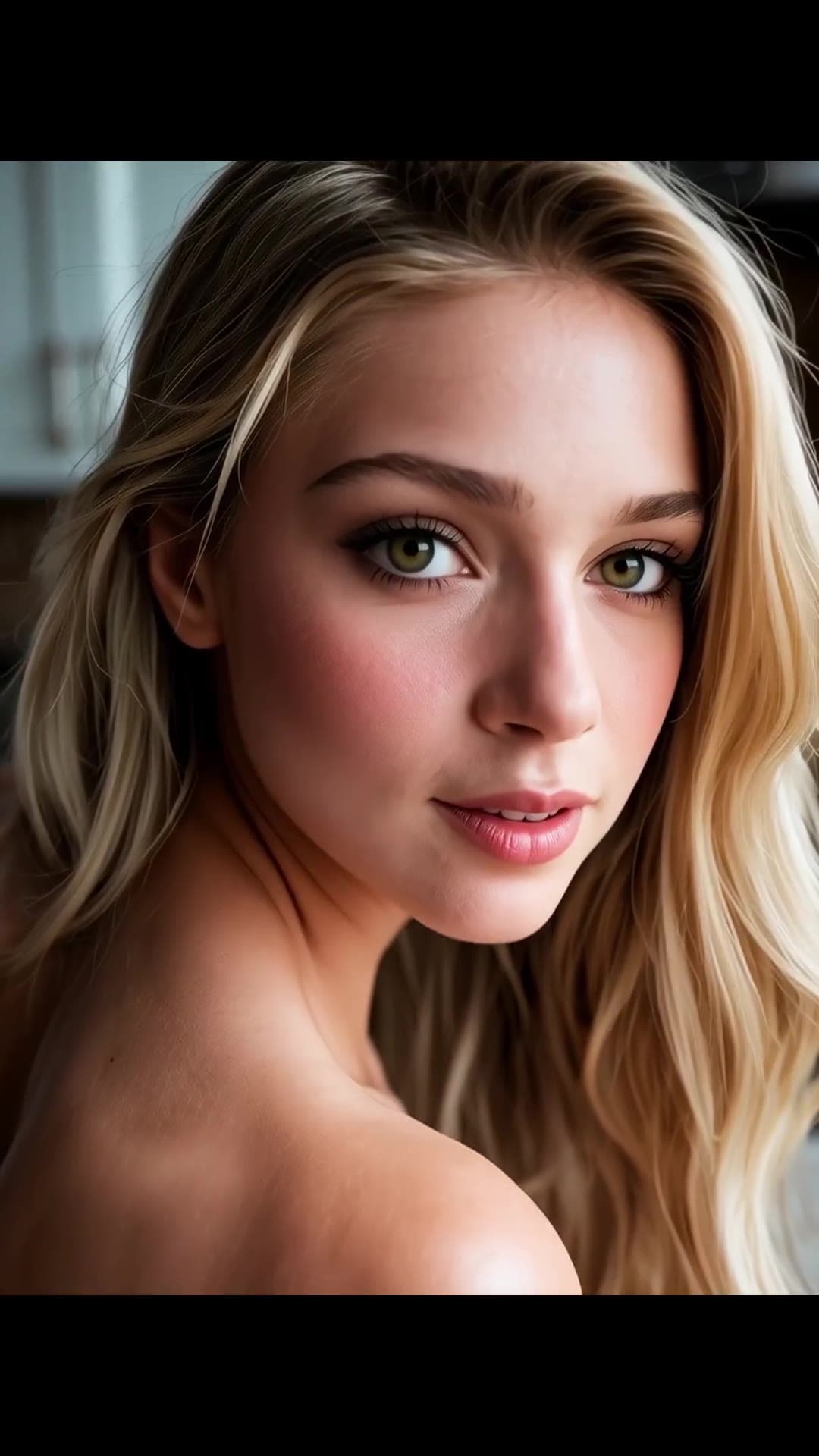 Blonde over shoulder glance bare back close-up