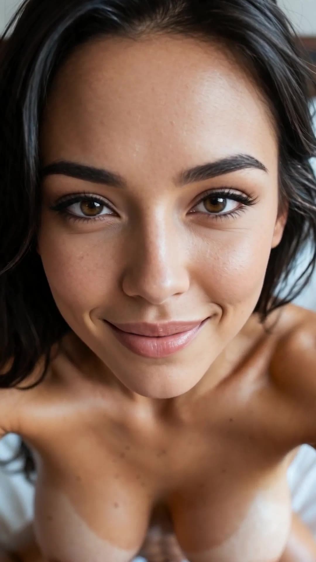 POV close-up topless brunette big natural tits