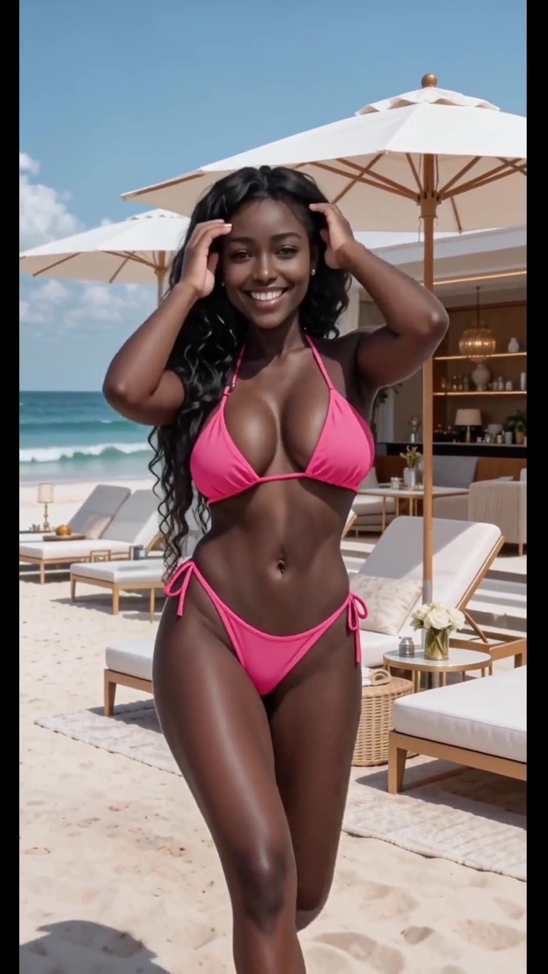 Beach bikini babe hands in hair