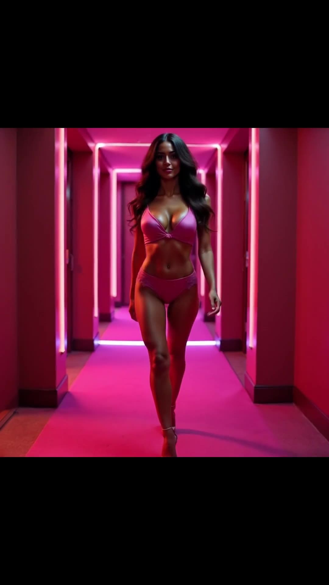 Long wavy dark hair babe in pink neon hallway