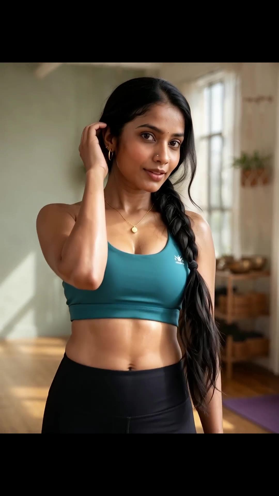 Curvy athletic babe in teal sports bra shows cleavage