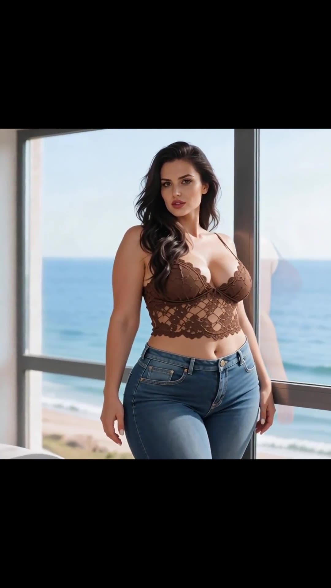 Curvy Asian in lace crop top by ocean windows