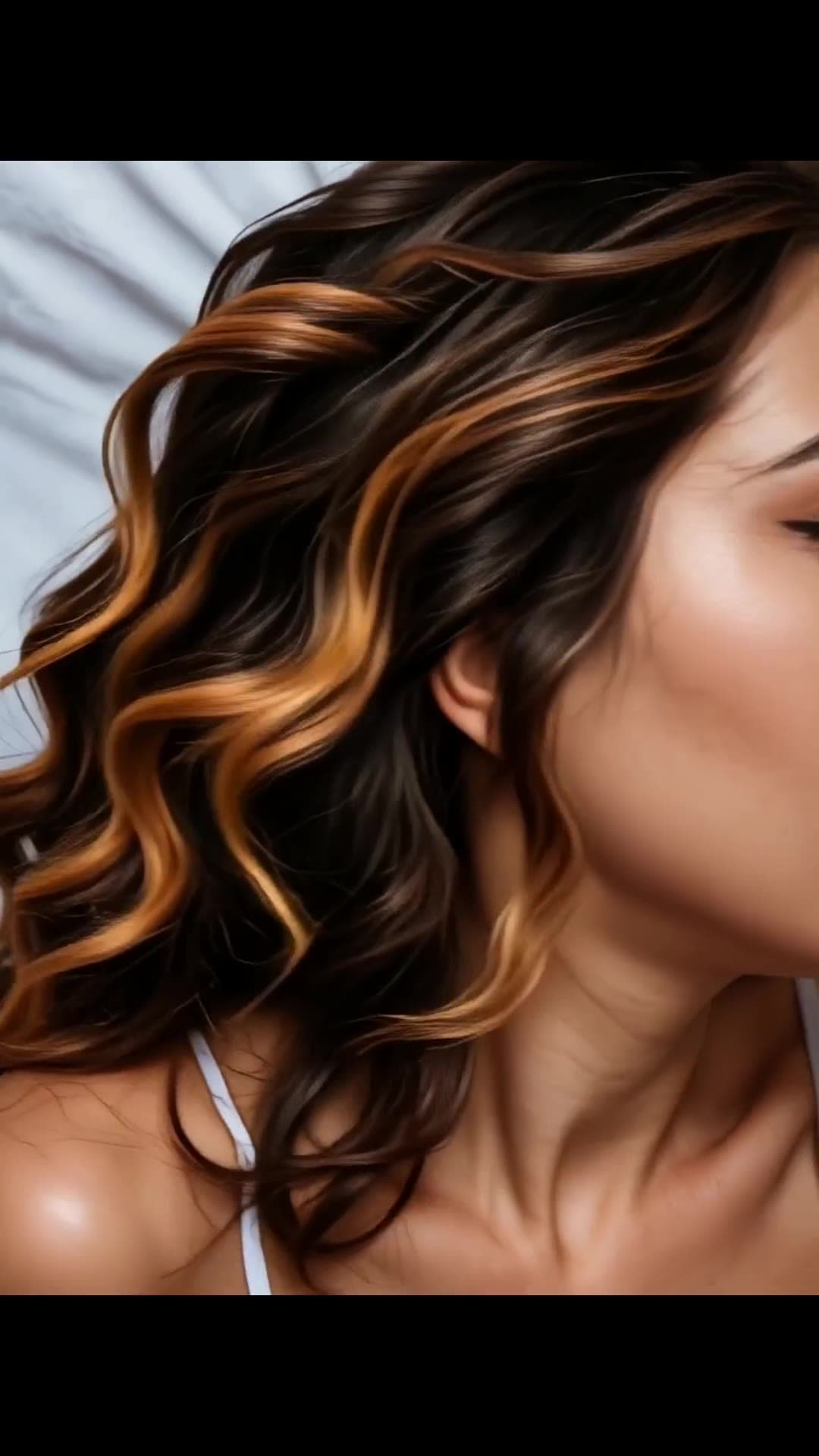 Wavy caramel highlighted brunette close-up