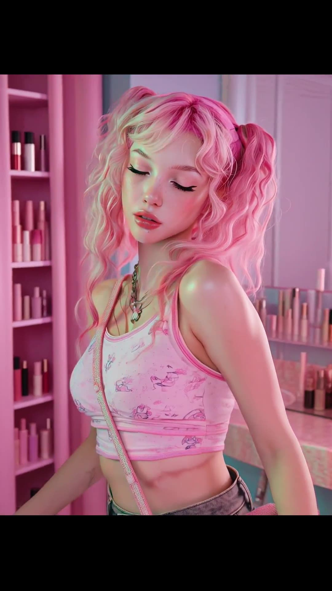 Pink and blonde pigtails with heavy eyeliner