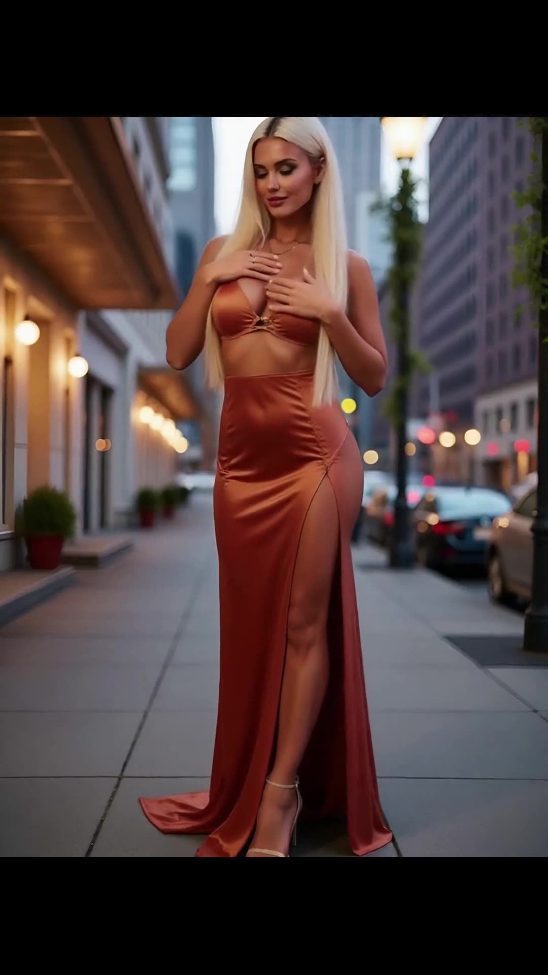 Platinum blonde green eyes in satin on city sidewalk