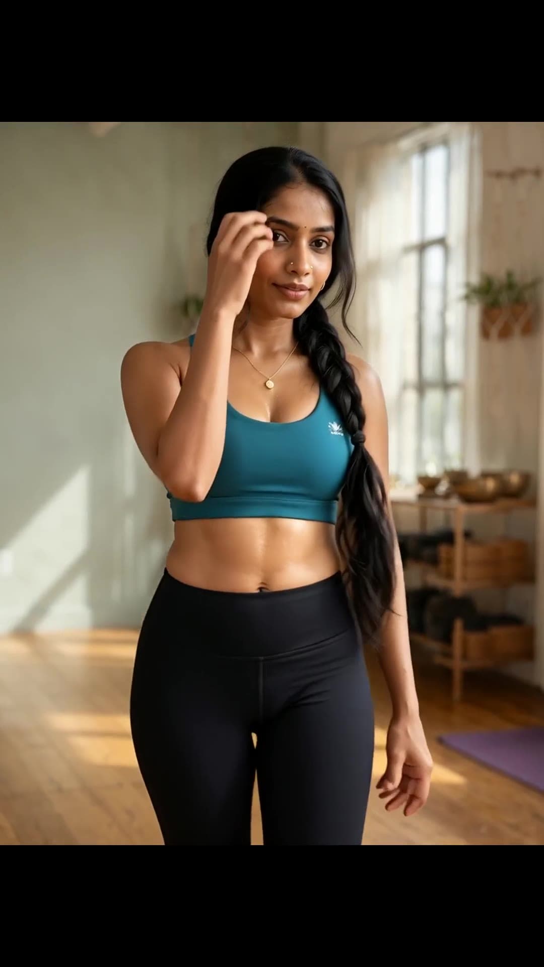 Athletic toned body in teal sports bra studio pose