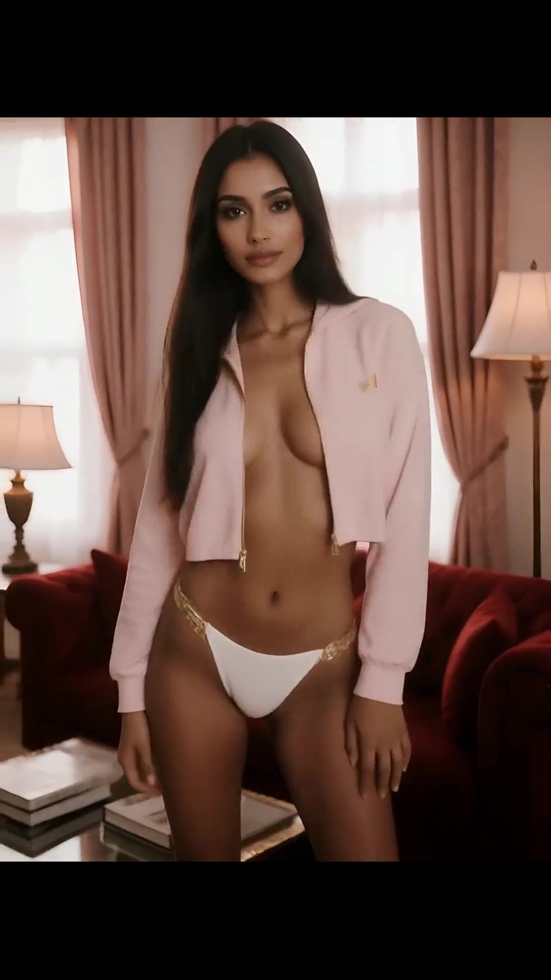 Long straight black hair, dark eyes, cropped hoodie open