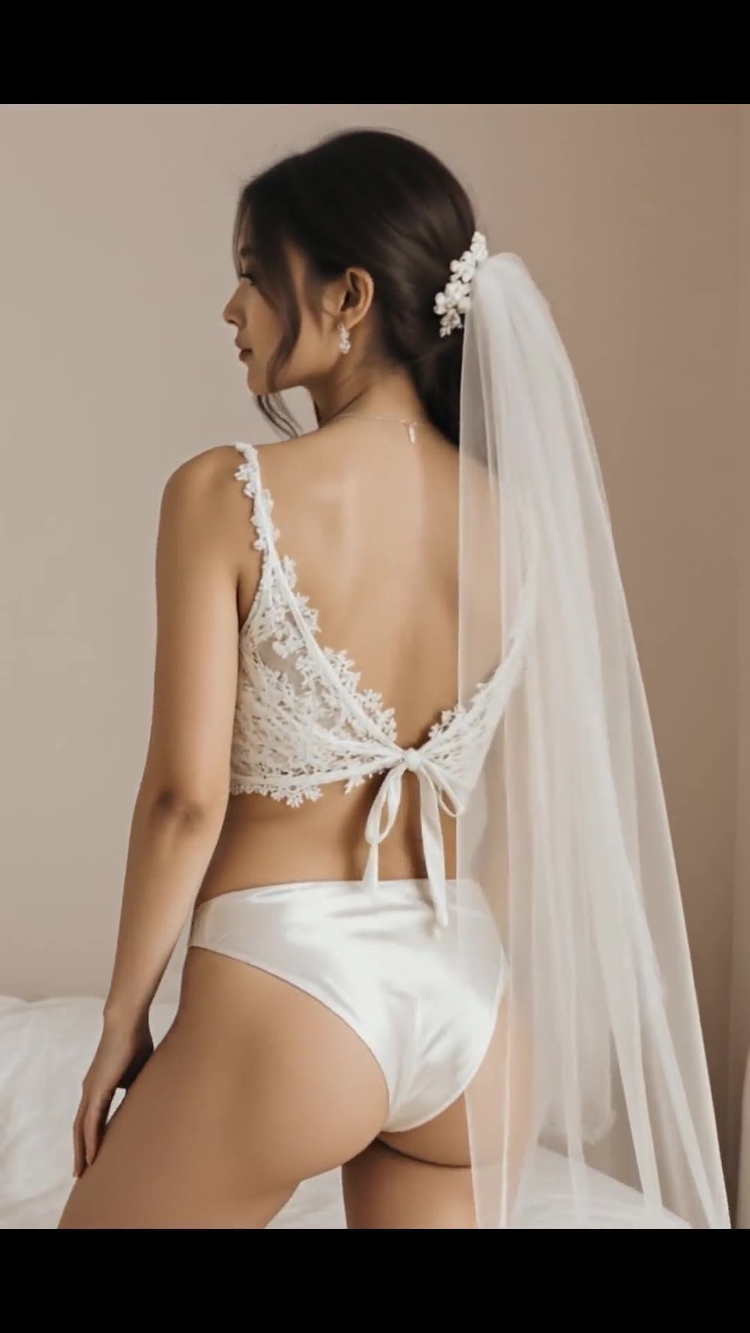 Curvy Asian hips in white lace and satin from behind