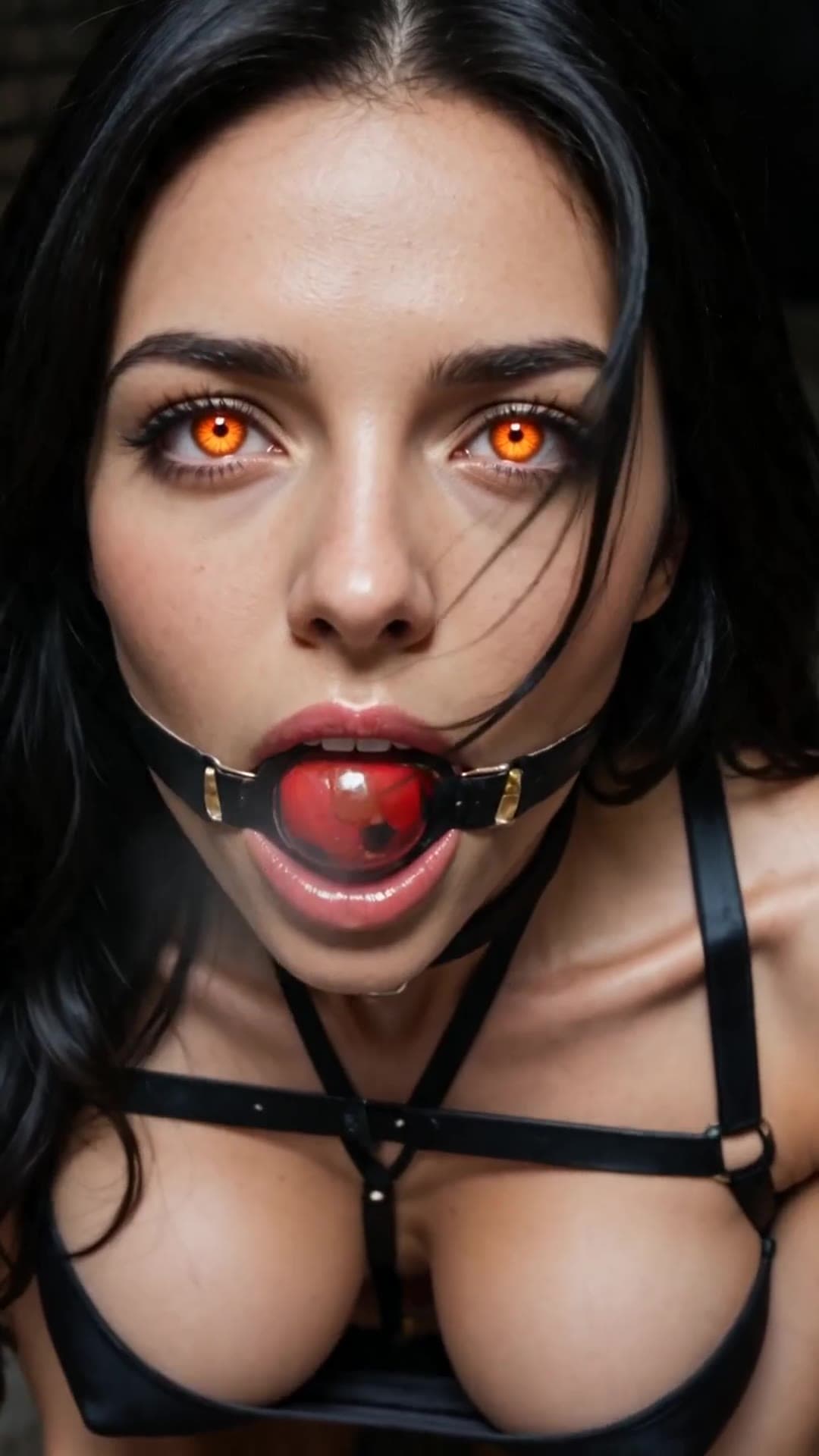 Young adult with ring gag in leather harness close-up