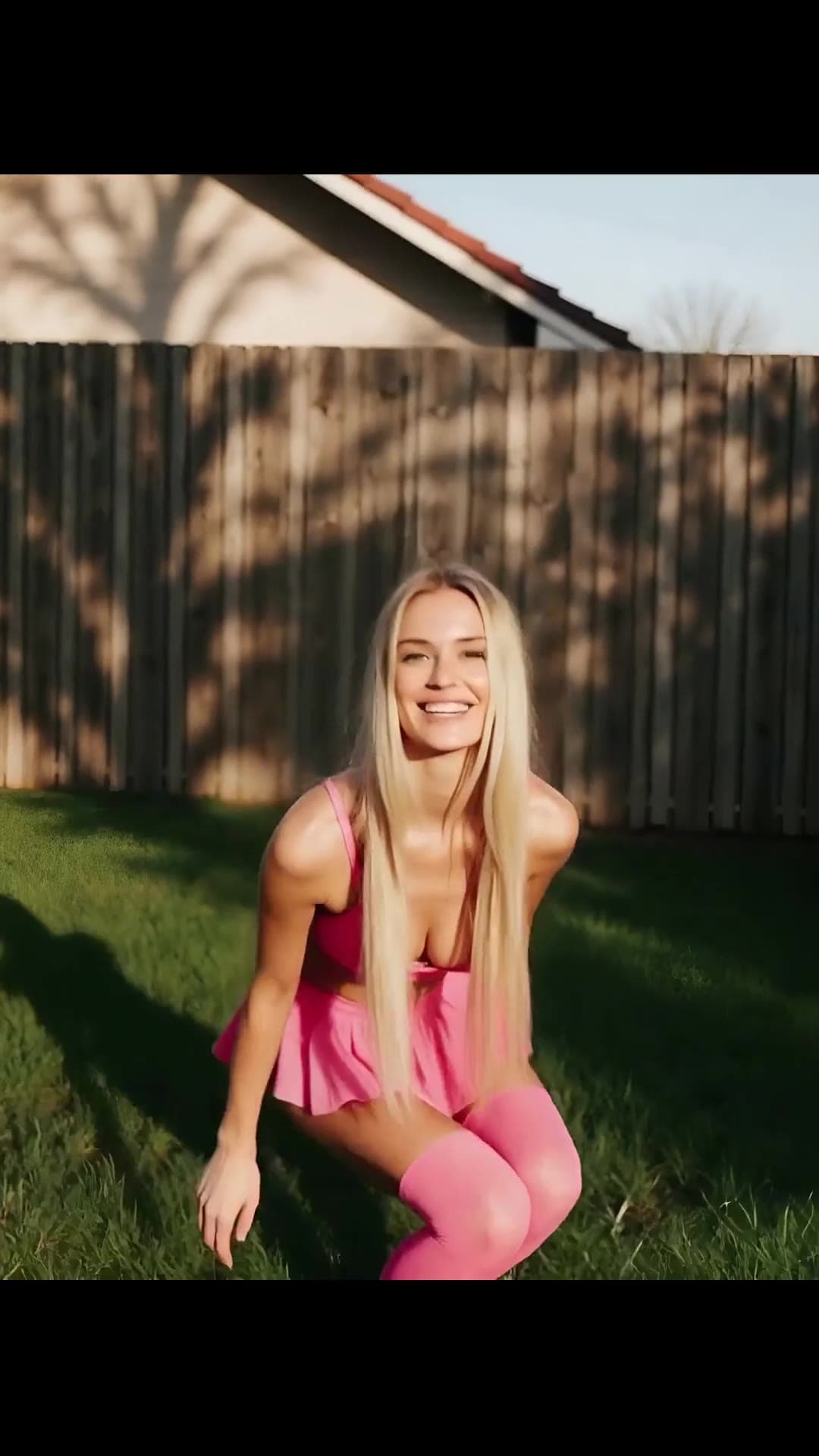 Blonde in tiny pink skirt squatting on backyard grass