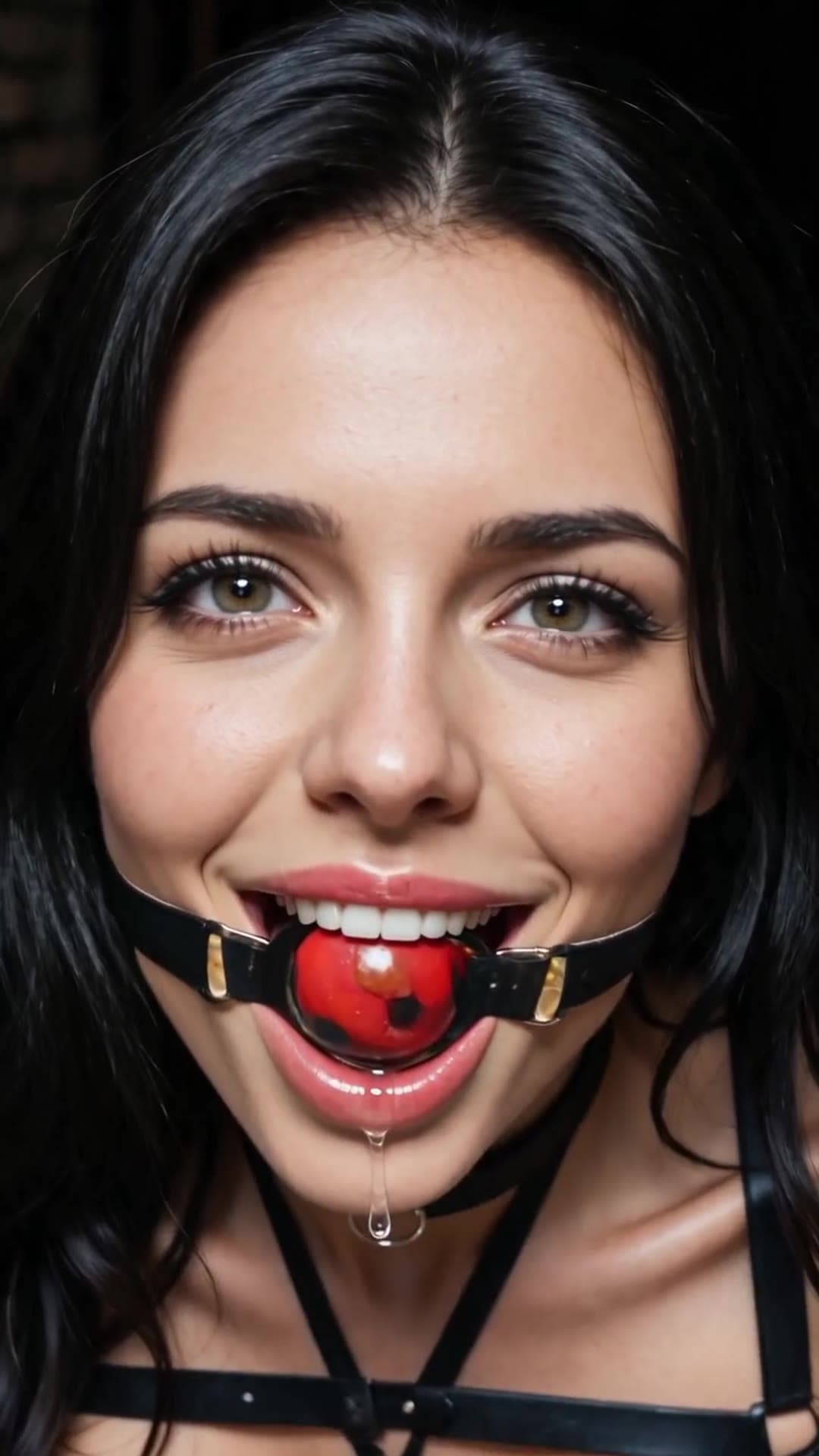 Petite blonde slim body in leather ball gag close-up