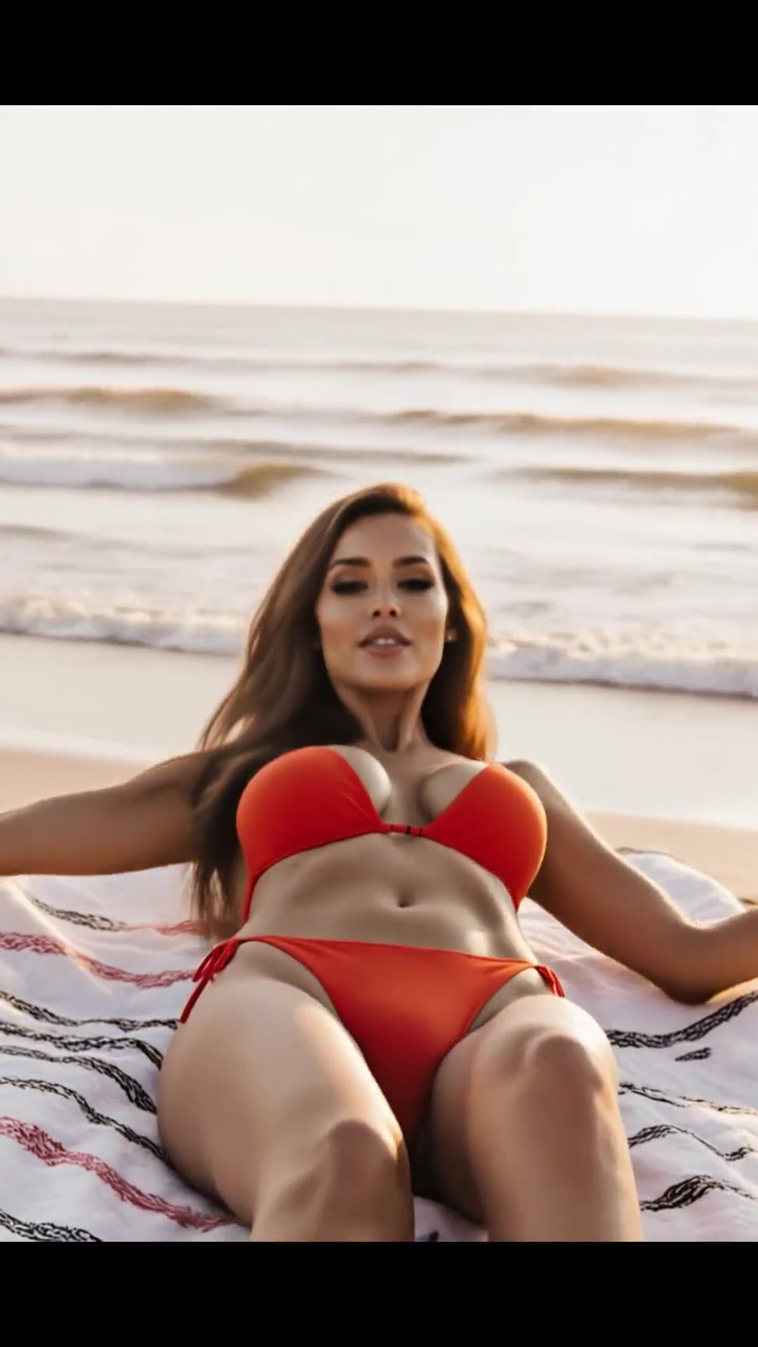 Brunette in red bikini lying on beach towel