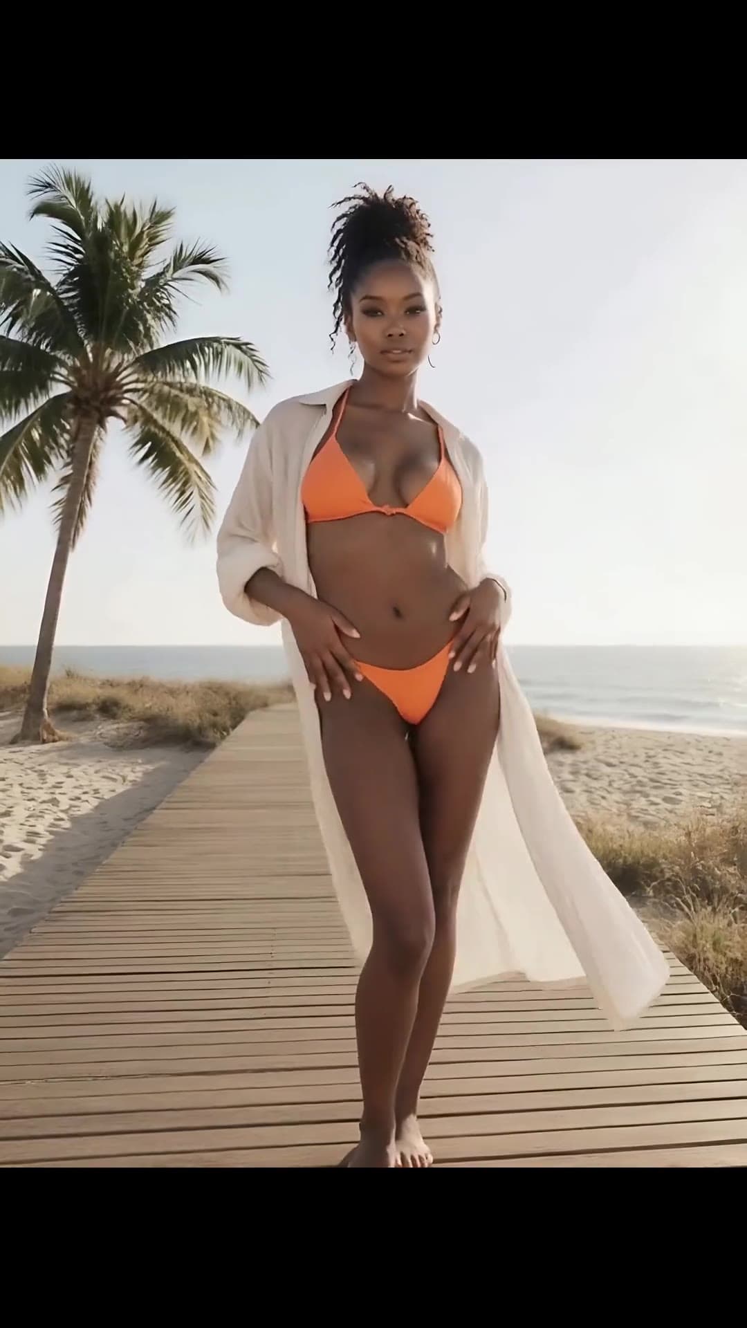 Young adult beach bikini pose on boardwalk