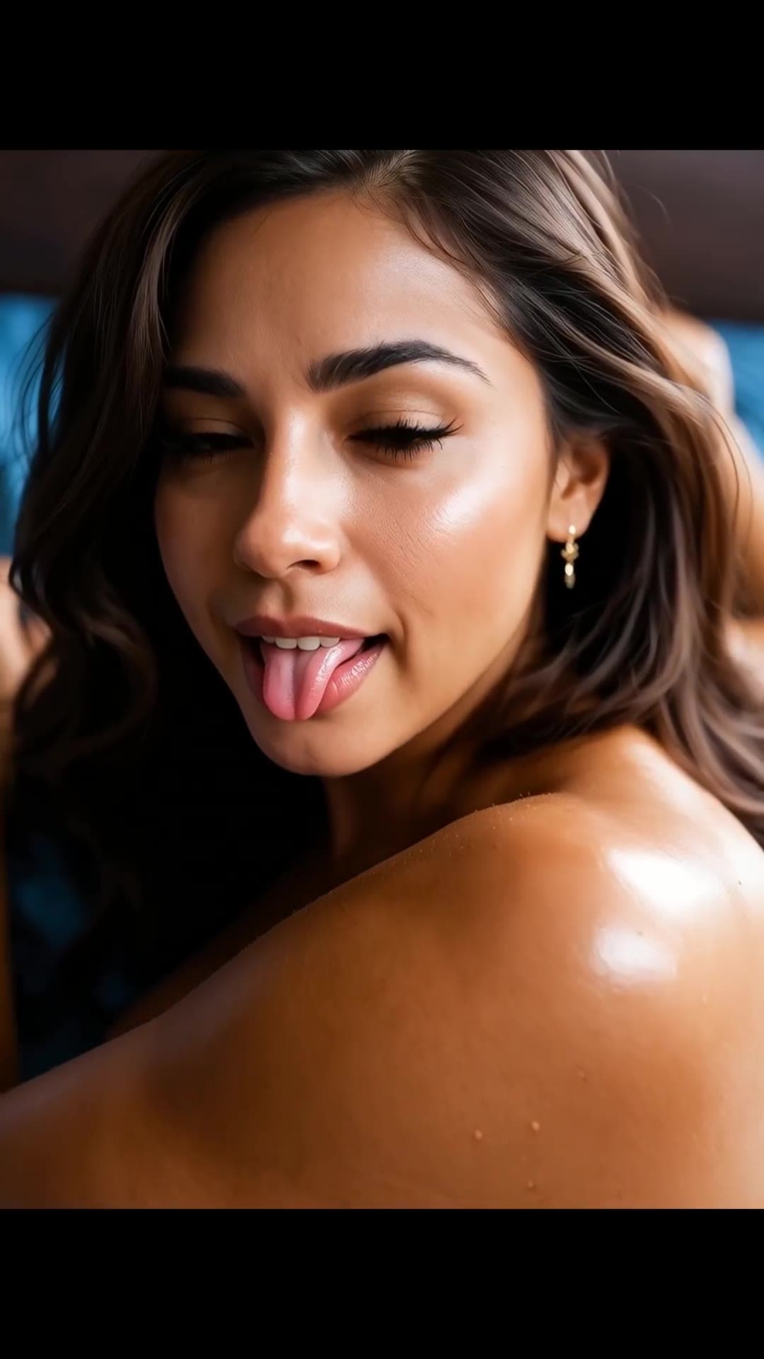 Close-up topless ahegao face with tongue out