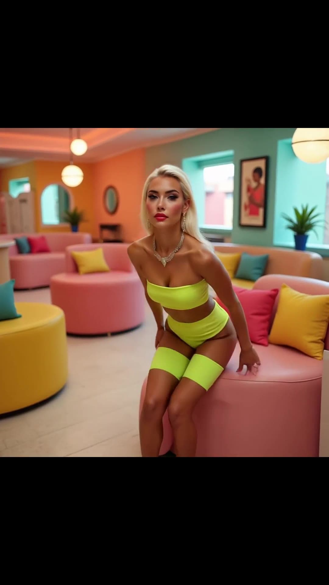 Blonde in neon crop top spreads legs on pink couch