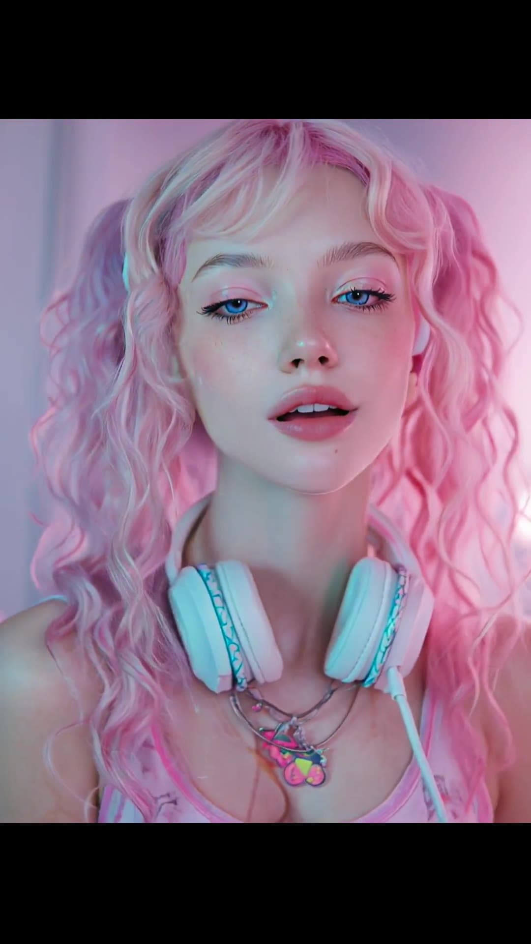 Pink pigtails blue eyes neon closeup cleavage