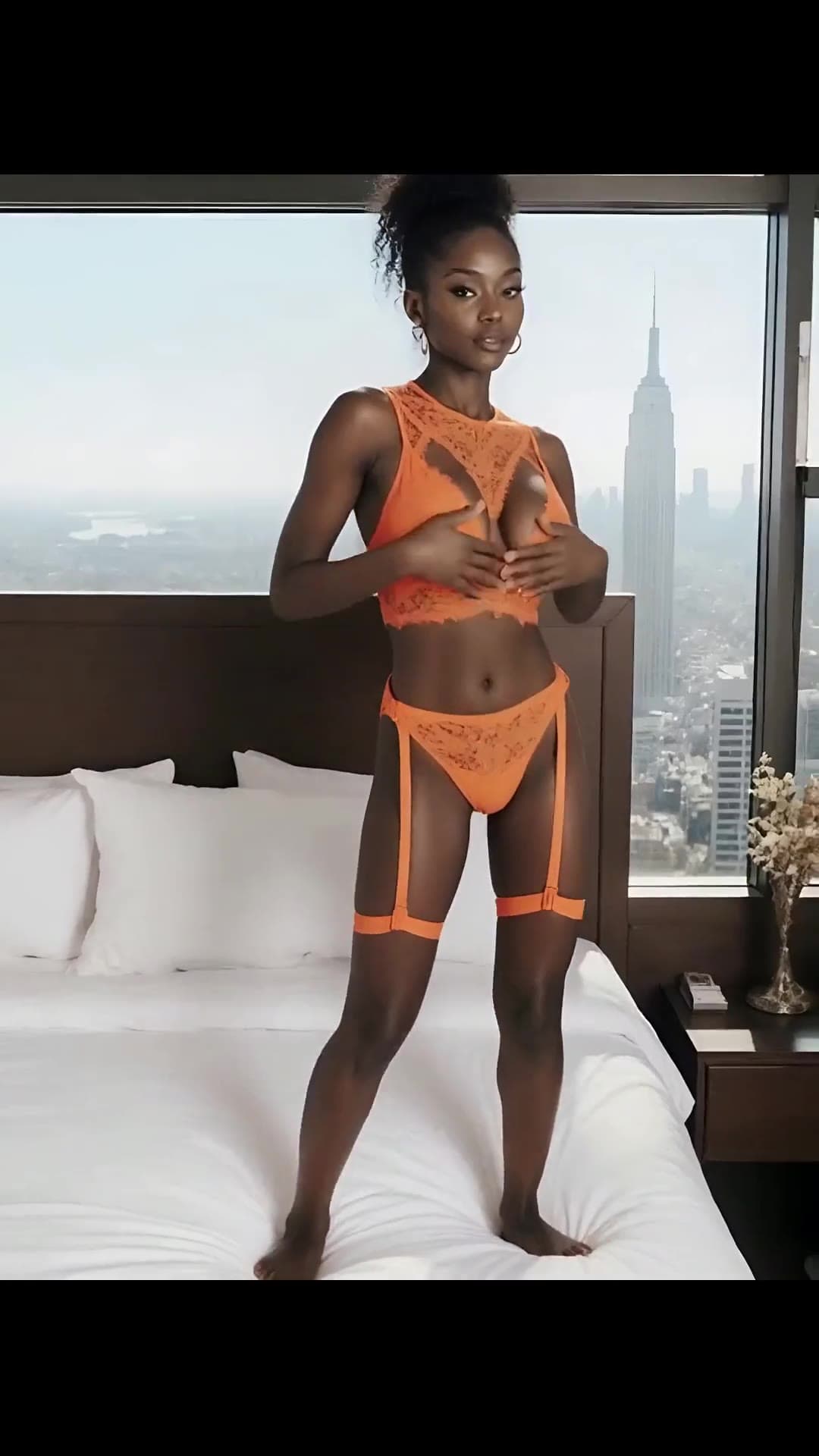 Orange lace lingerie on city skyline bed