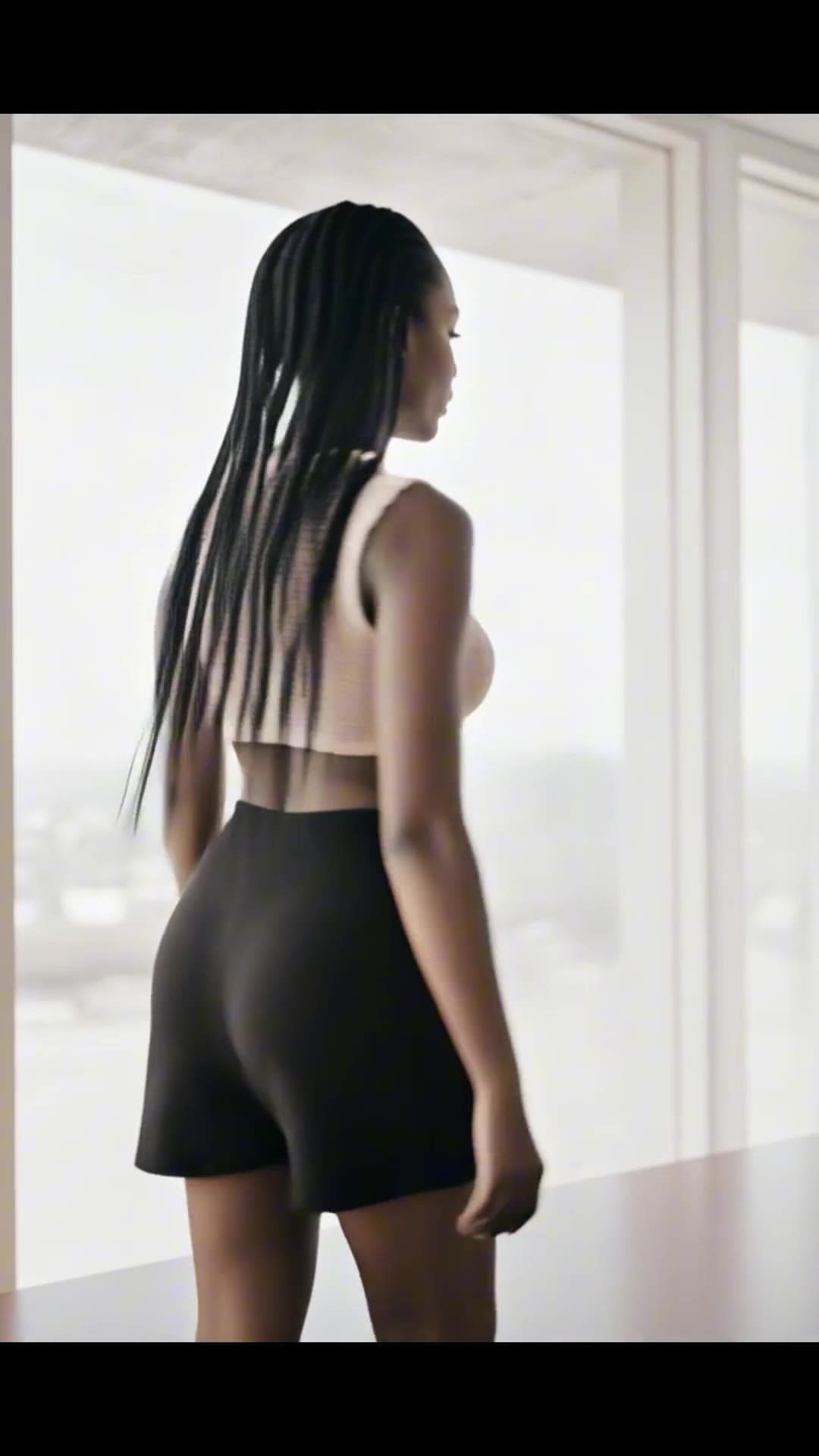 Curvy dark skinned babe thick thighs in black shorts