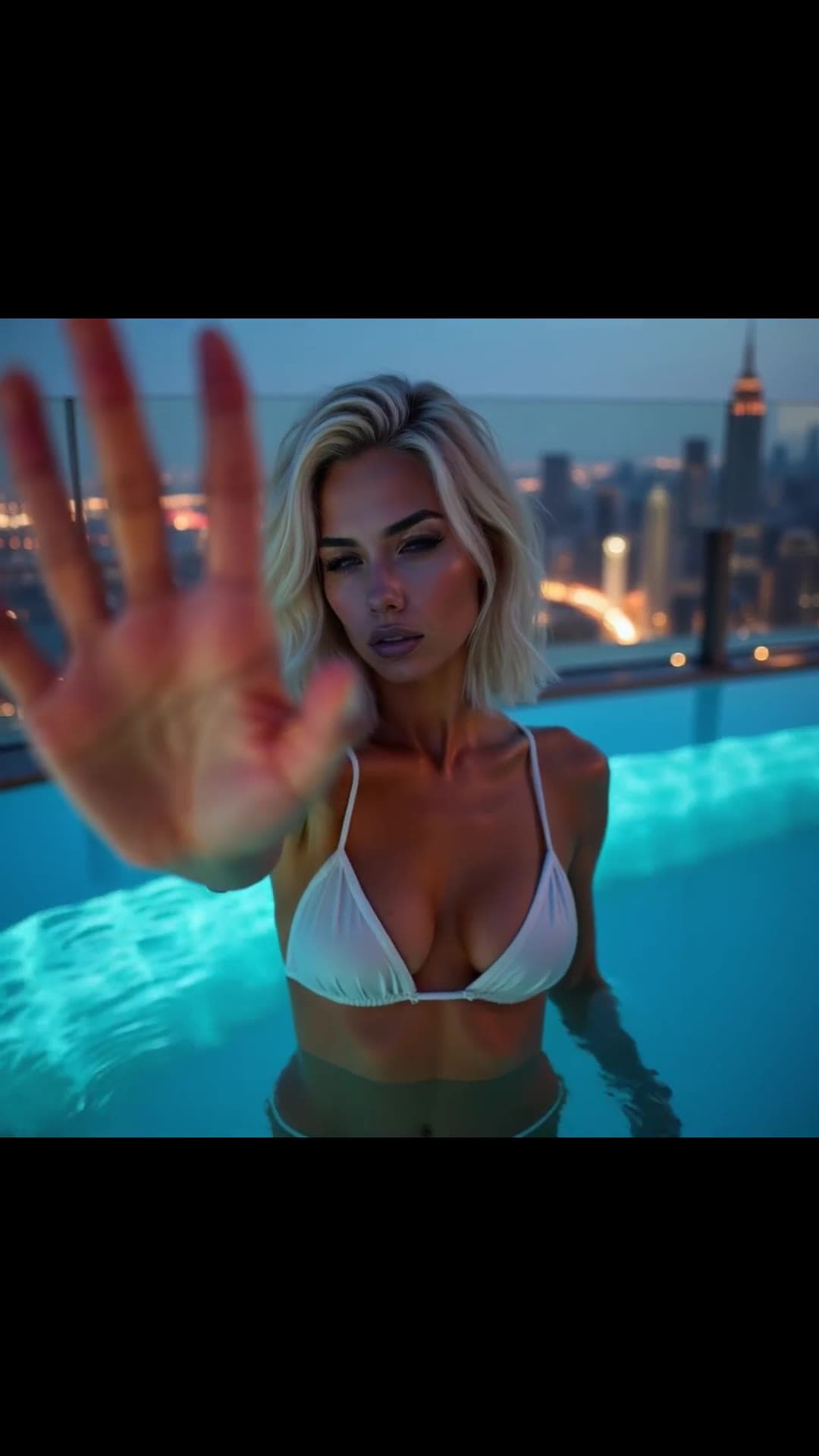 Curvy blonde big natural tits in tiny bikini rooftop pool
