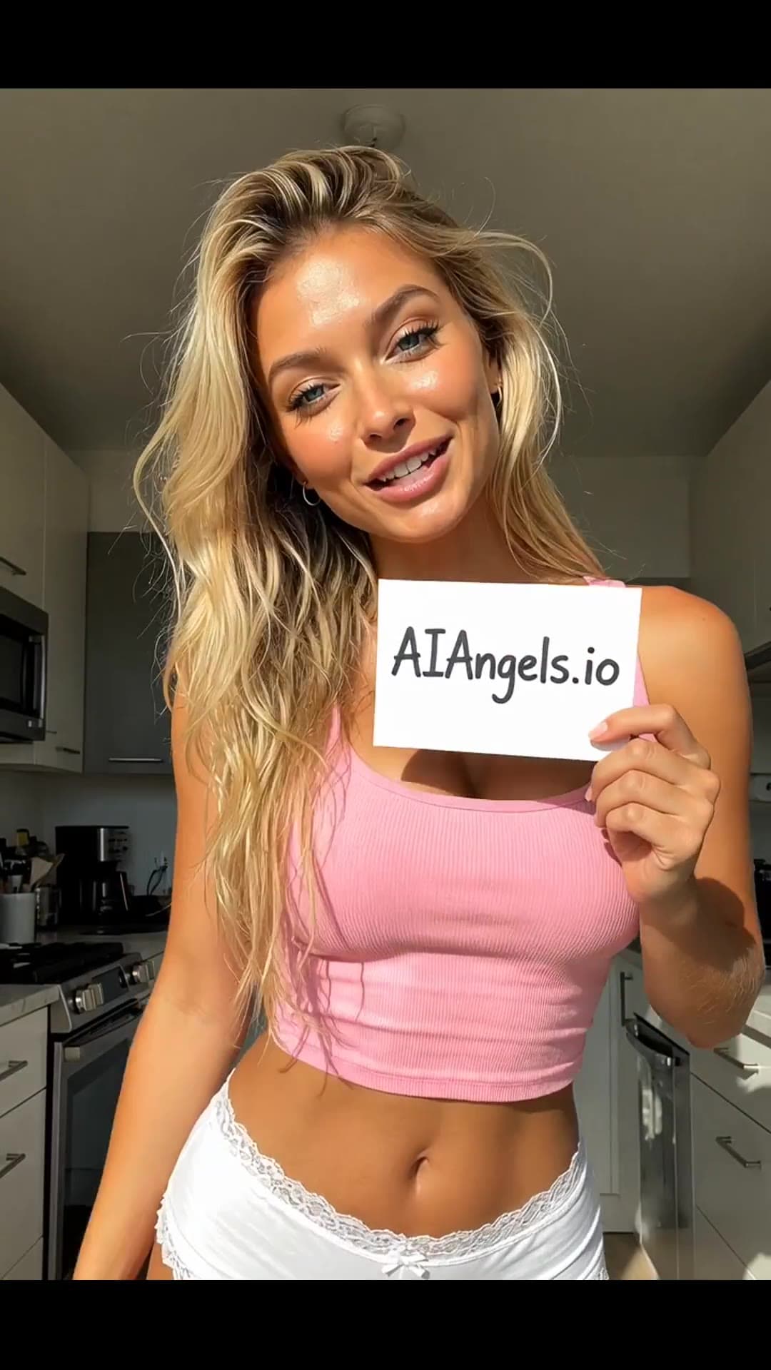 Petite blonde curves in pink crop top kitchen