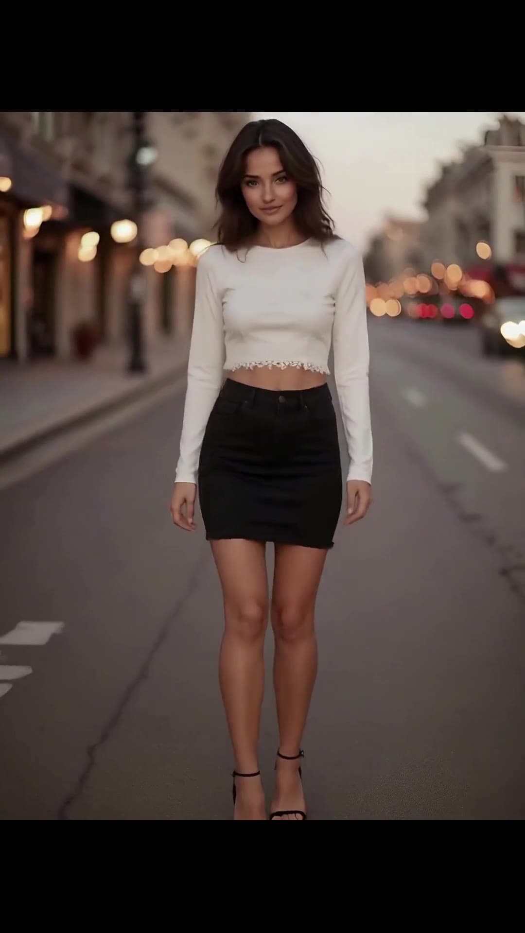 Curvy blonde shows toned midriff in city dusk