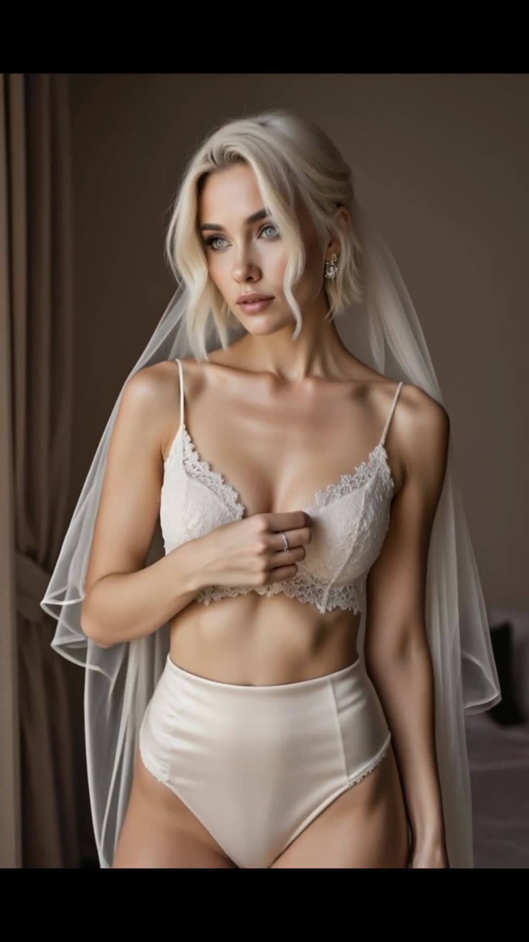 Slim platinum blonde curves in sheer white lace